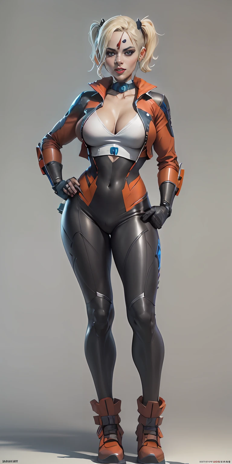 Harley Quinn from DC, big breasts, frontal, full-length, looking at the camera, facing the audience, standing pose, simple background, three-dimensional light, detailed full-body concept, sleek digital concept art, beautiful full-body concept art, art trend, CGsociety full-length,