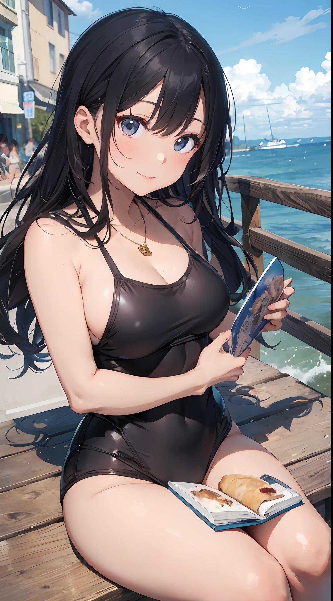 She was an attractive Japan college girl who loved the ocean。She had long, wavy black hair that fluttered in the wind.、Had deep, narrow eyes that sparkled like the sea。Her face is graceful and friendly、There was a delicate nose and plump lips。Her skin is smooth and radiant,、My cheeks were slightly red.。Her body is smooth and graceful.、Had natural curves and balance。She wore a white one-piece swimsuit。The swimsuit is made of cotton.、It felt soft and comfortable。The swimsuit has a halter neck that shows the shoulders and、With Roebuck showing his back、There were frills that added femininity。She wore a straw hat with a blue ribbon on it.、A cool and sparkling intelligence-enhancing bracelet made of glass of the same color as the eyes, and、A necklace made of shellfish that shows a love for the smooth and natural sea.、She also、I was wearing sturdy and durable casual and relaxed sandals made of leather.。
She was sitting on a wooden bench on the pier of a seaside town。The pier was surrounded by boats, fishing nets and seagulls。The sea is calm and blue、The horizon was clear and endless。The sky is clear and bright、The clouds were fluffy and white。The background has depth and perspective.、It looked realistic and three-dimensional。(quality: 2) (picture quality: 2) (detail: 2) (masutepiece: 2) (Official art: 2) (meticulously detailed masterpiece: 2) (realistic in every detail: 2)
She smiled kindly and looked at the camera、Showed a warm and sweet personality。She had a book on her lap。The book has a colorful cover with a picture of a mermaid.、It is made of paper and、It felt new and exciting。She opened the book and read the words softly。The words sounded like a fairy tale。She was holding an ice cream cone in her right hand。The ice cream cone has vanilla ice cream sprinkles on it.、It is made of milk,、It felt cold and creamy。She licked it with her tongue。It felt cute and playful。Although her eyes were expressive and charming,、At the same time, pure、Calm the viewer、There was also a s