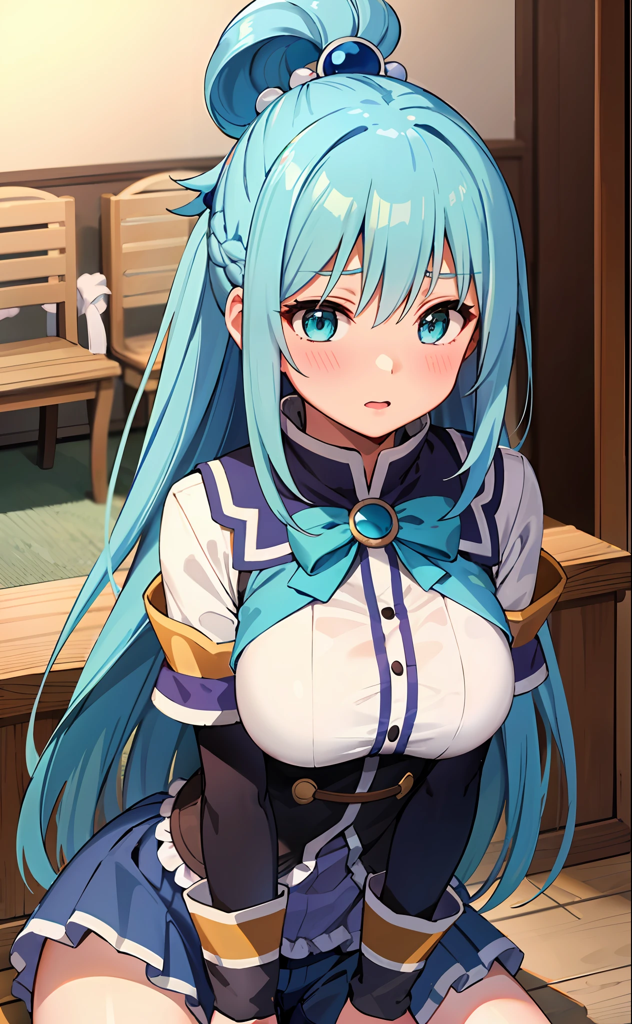 Yuri, sala de aula, cabelo azul, blush, 1girl (aqua ddo anime konosuba), cabelo longo, cabelo entre os olhos, grampo de cabelo, envergonhado, middlebreasts