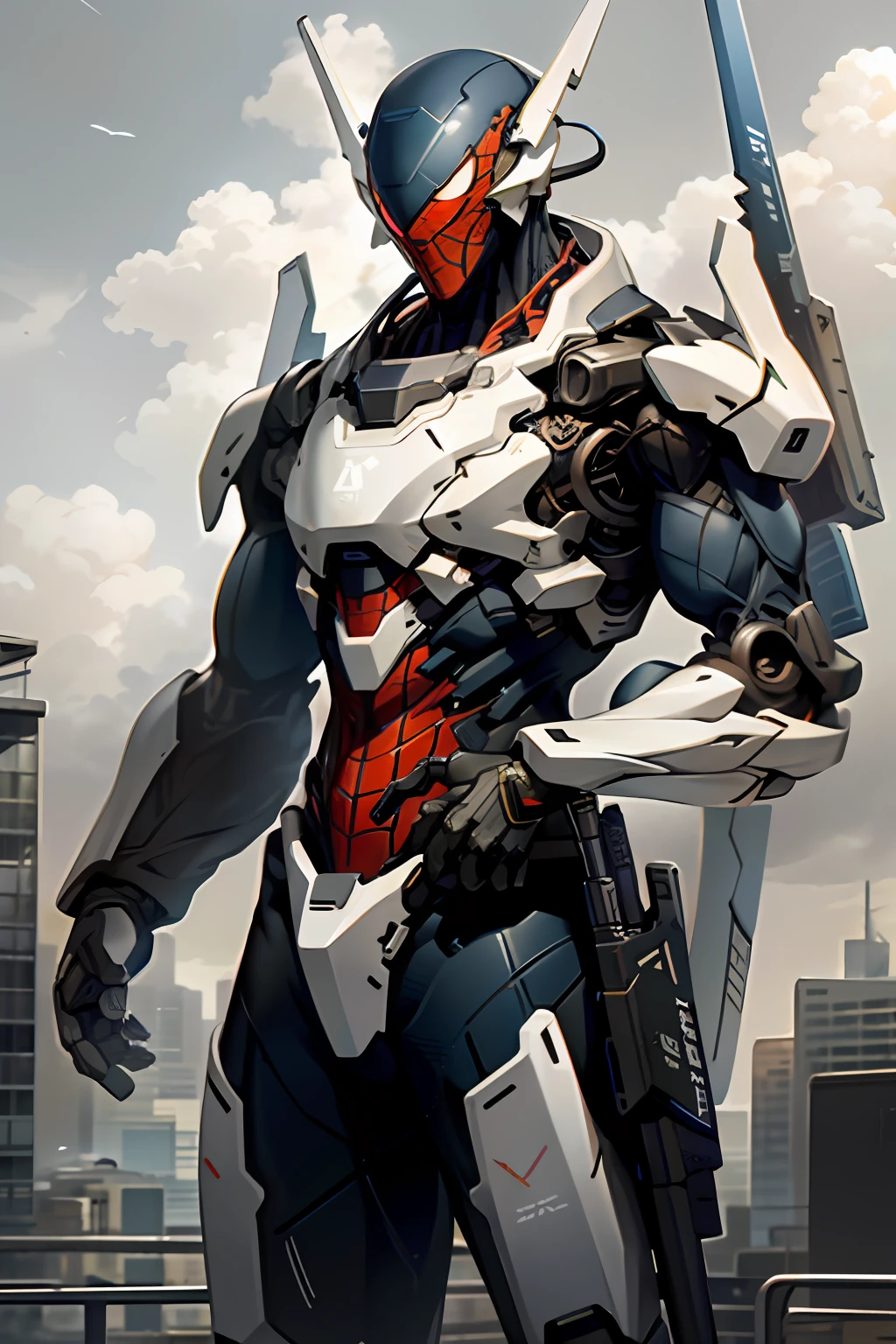 sky, cloud, holding_weapon, no_humans, glowing, , robot in spider man outfit , building, glowing_eyes, mecha, science_fiction, city, realistic,mecha