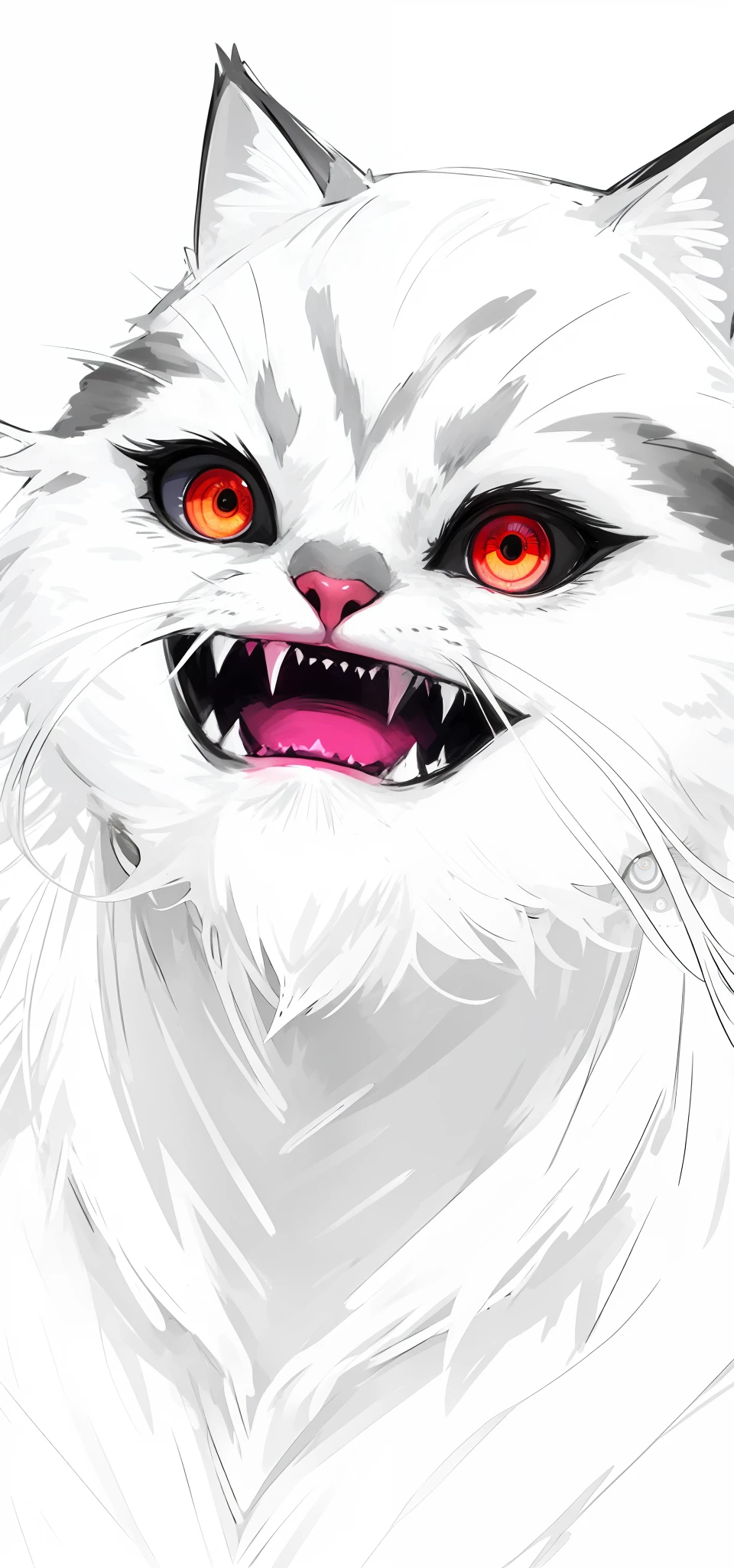 Masterpiece: A painting of a cat with eyes and a nose, pointed teeth and several eyes, demon cat, feline face, Scary eyes, eyes growing on creature, Doodle, ((Monster)), Scary face, Angry eyes, furry friendly monster, detailed jaw and eyes, Scared face, scary creature, Big creepy eyes, ugly monster, detailed body and eyes