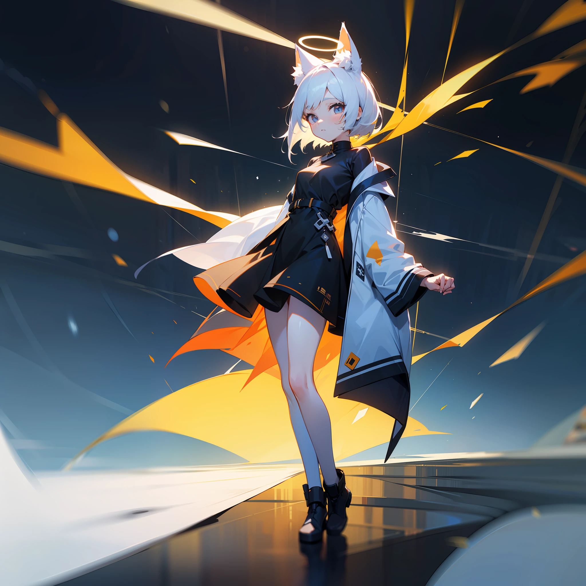 (1girll:0.976), White hair, (Animal ear:0.922), (Solo:0.892), (Halo:0.868), (hair adornments:0.863), (The background is blurred out:0.771), (depth of fields:0.766),(looking at viewert:0.621)
,Full body photo