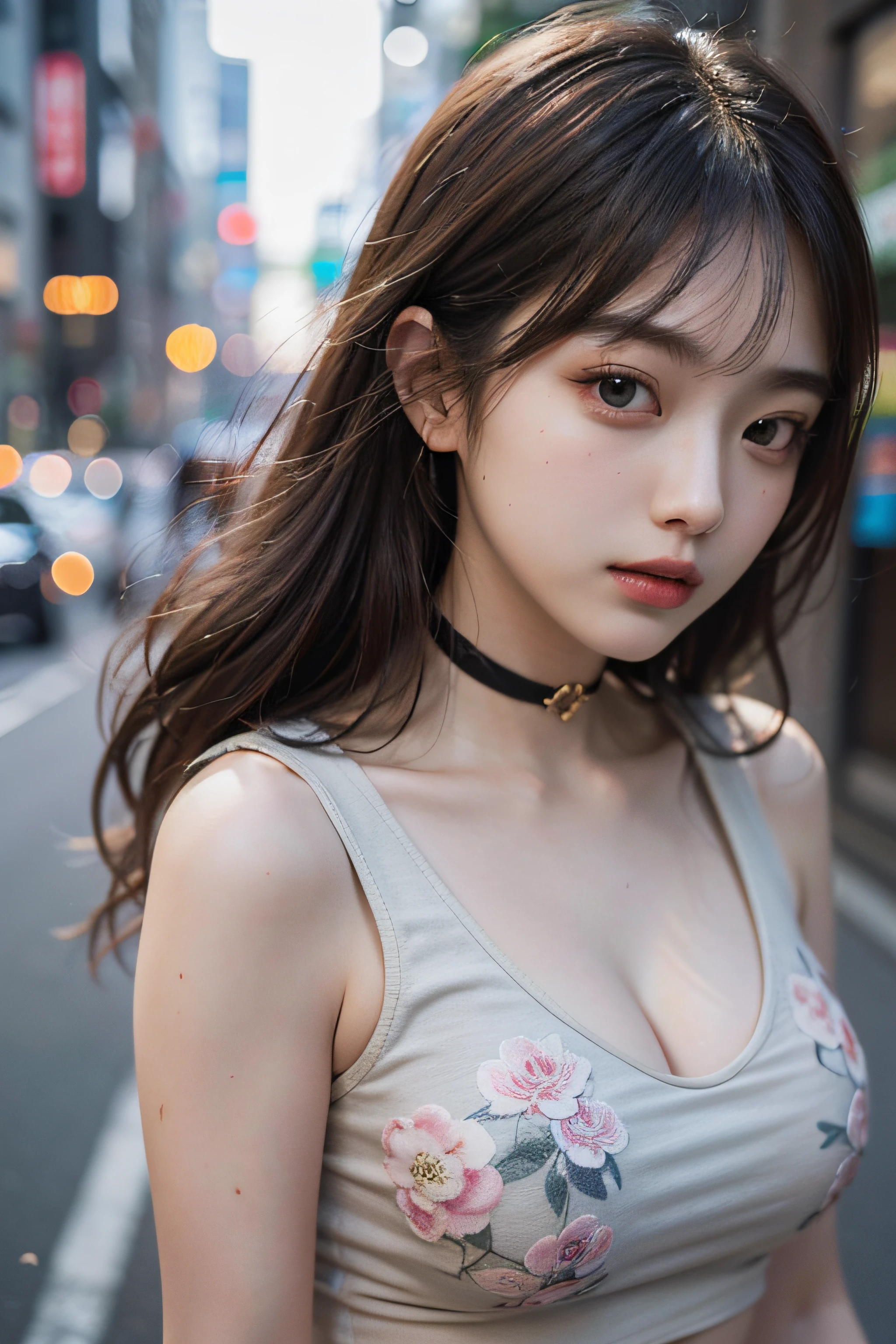 Best Quality Detail:1.2, realisitic, 8K UHD, hight resolution, 1girl in:1.2, The ultra-detailliert, High quality textures, intricate detailes, detaileds, Very detailed CG, High quality shadows, Detail Beautiful delicate face, Detail Beautiful delicate eyes, depth of fields, Ray traching, in her 20s, Pretty Kpop Girl, Korean Urzan Face:1.1, Slender face, ulzzang -6500-v1.1:0.6, pureerosface_v1, gloweyes, teak, Glossy lips, perfectbody, a choker、cleavage of the breast、 Brown hair、poneyTail:1.1, Street, Particle, look at viewr, Photorealsitic:1.4, ultra-detailliert, photos realistic, 4K 8K UHD Full Color RAW Photos, Fuji Film(Medium format:1.2), Hasselblad:1.2, Carl zeiss:1.1, Incredible dynamic range photography(UTIL_Art by Smoose-768:1.1), hight resolution, High pixel count, clear details, crisp image, Natural color reproduction, Noise Reduction, High fidelity, qulity, Software Improvements, Upscaling, Optimized algorithms, Pro-level retouching、((Shibuya, tokyo prefecture))、On the way to shopping、((Fashionable clothes with a very high design))、graphic t-shirt: Art and logos、Graphic T-shirts printed with anime characters have become a trend.、Used for unique styling