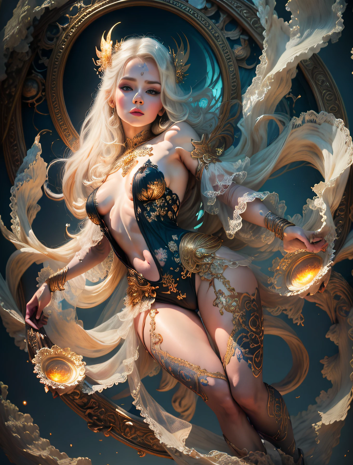 face by tom bagshaw art station, Moon Goddess, full length figure, contemptuous gaze, detailed face, 1.4), gold decoration, plain black background, beautiful Caucasian girl closeup, dynamic moving body, digital art, splash, full body, Sakimichan art, oriental mandala tattoo, fractal background, silver and gold and bronze spirit, floating antique clock, antique lamp, splash, seductive pose, visible pubic hair , visible small breasts, full body, beautiful European Caucasian girl, sexy lady beauty, bare breasts, open neckline, clothing transparent fabric, standing, realistic, highest detail, holy holy, golden eyes, heavenly palace, countless palaces, clouds, golden light, golden lotus, (tianchi bath), pubic hair view, splash, full body, Sakimichan art, slight smile, seductive pose, visible pubic hair, full body, transparent clothes, Jean-Bapti style ste monge, shiny, beautiful girl, glittering, cute adorable filigree, edge lighting, lights, surreal, fantasy, digital art, wlop, artgerm and james jean, floating antique clock, antique lamp, floating antique clock, tom bagshaw art station face, the perfect masterpiece, highest quality, the perfect artwork, 8K, upper body lens, frontal portrait, delicate face, looking at the audience, beautiful girl, magical transparent eyes, platinum hair and 3d fractals, colorful illustration, anime cartoon style, face of tom bagshaw art station, dreamy glow, golden, goddess maiden, flame, flowing female full body, close-up of beautiful caucasian girl, body in motion dynamic, fluent, 3d fractals, light particles, spiritual ink, soft, glittering, minimalistic style, 16k, intricate art masterpiece, open legs, see-through clothing, goddess maiden , 1 sexy girl in transparent forest clothes, exposed breasts, open transparent T-shirt