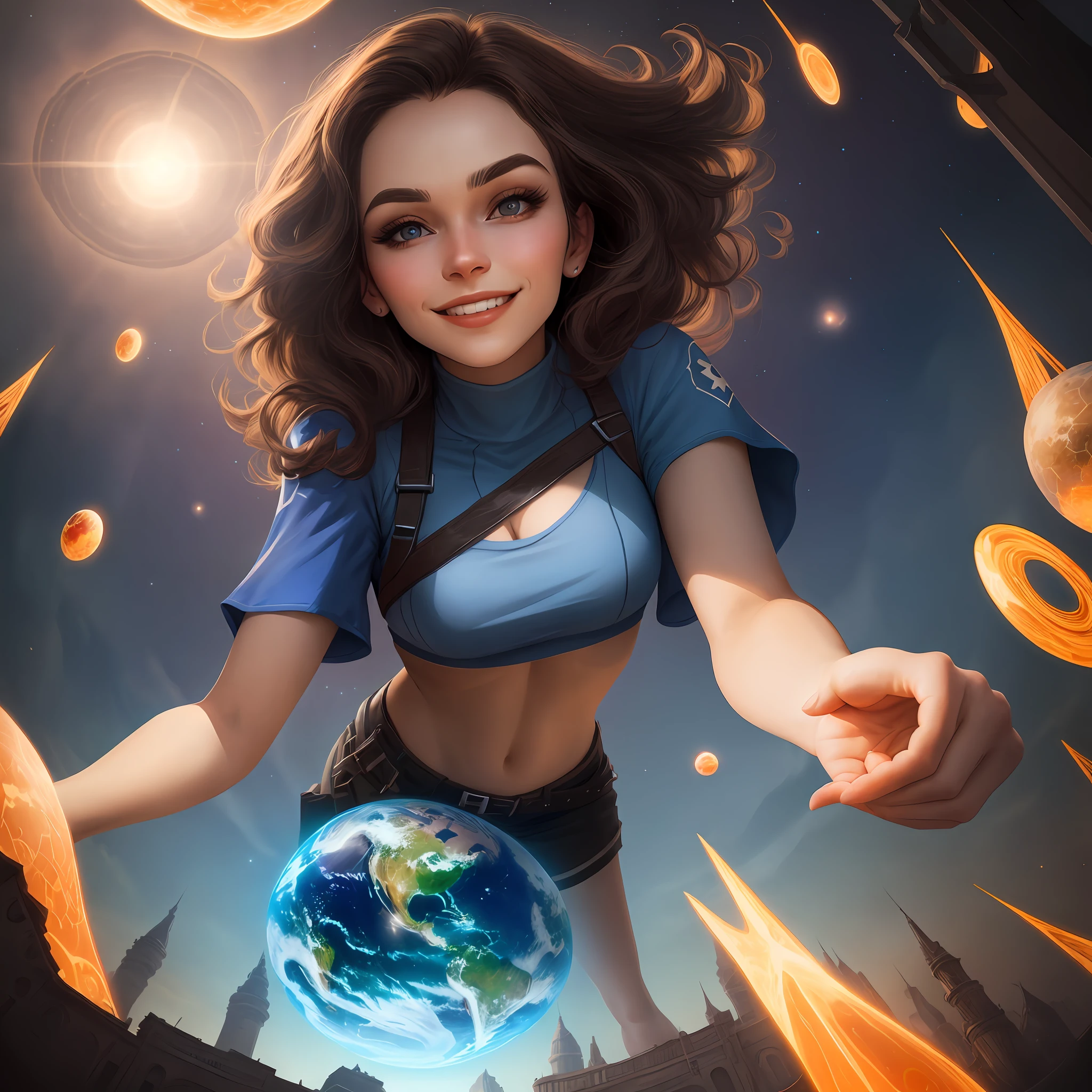 Beautiful young brunette woman in blue crop top holding planet earth in her hand, smirking, evil, looking down at camera, low angle, (from_below:1.5), background cosmic, cinematic hd 4k 8k highly detailed octane render trending artstation, Dynamic Light, frowned brow
