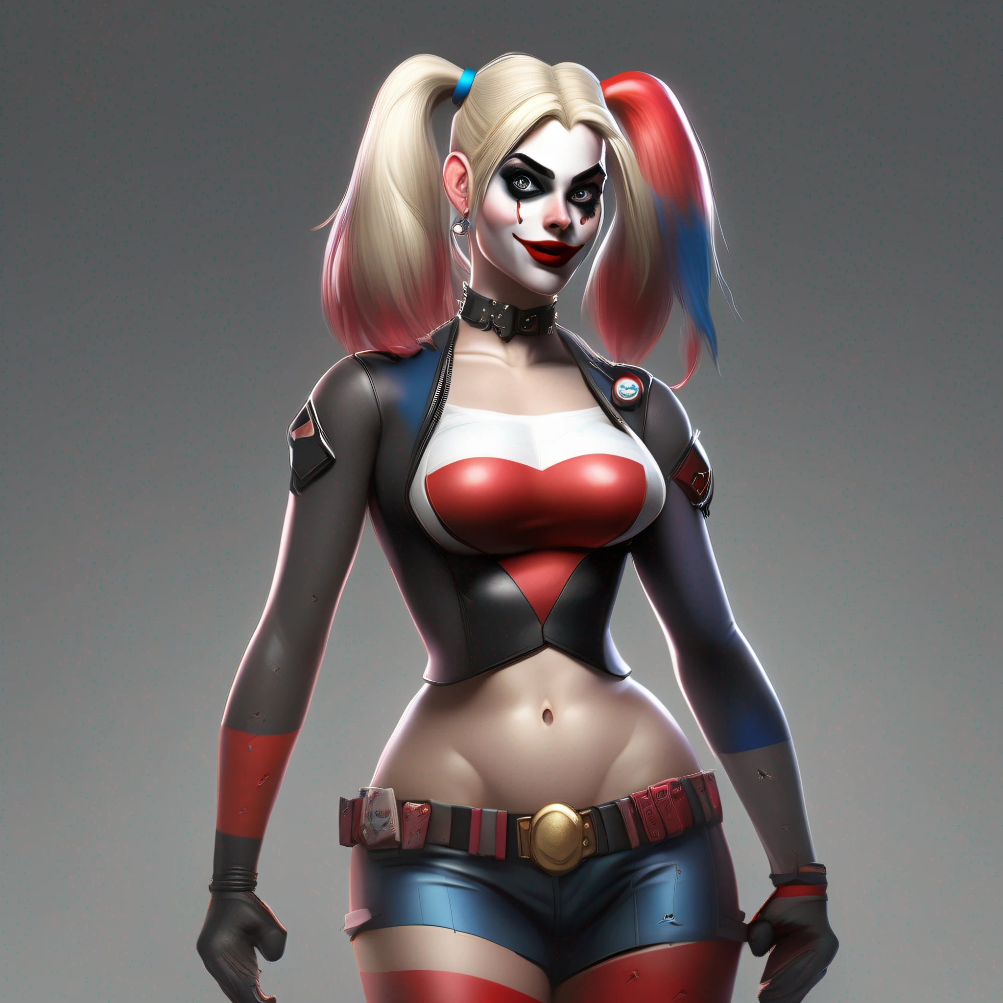Harley Quinn from DC, big breasts, frontal, full-length, looking at the camera, facing the audience, standing pose, simple background, three-dimensional light, detailed full-body concept, sleek digital concept art, beautiful full-body concept art, art trend, CGsociety full-length,