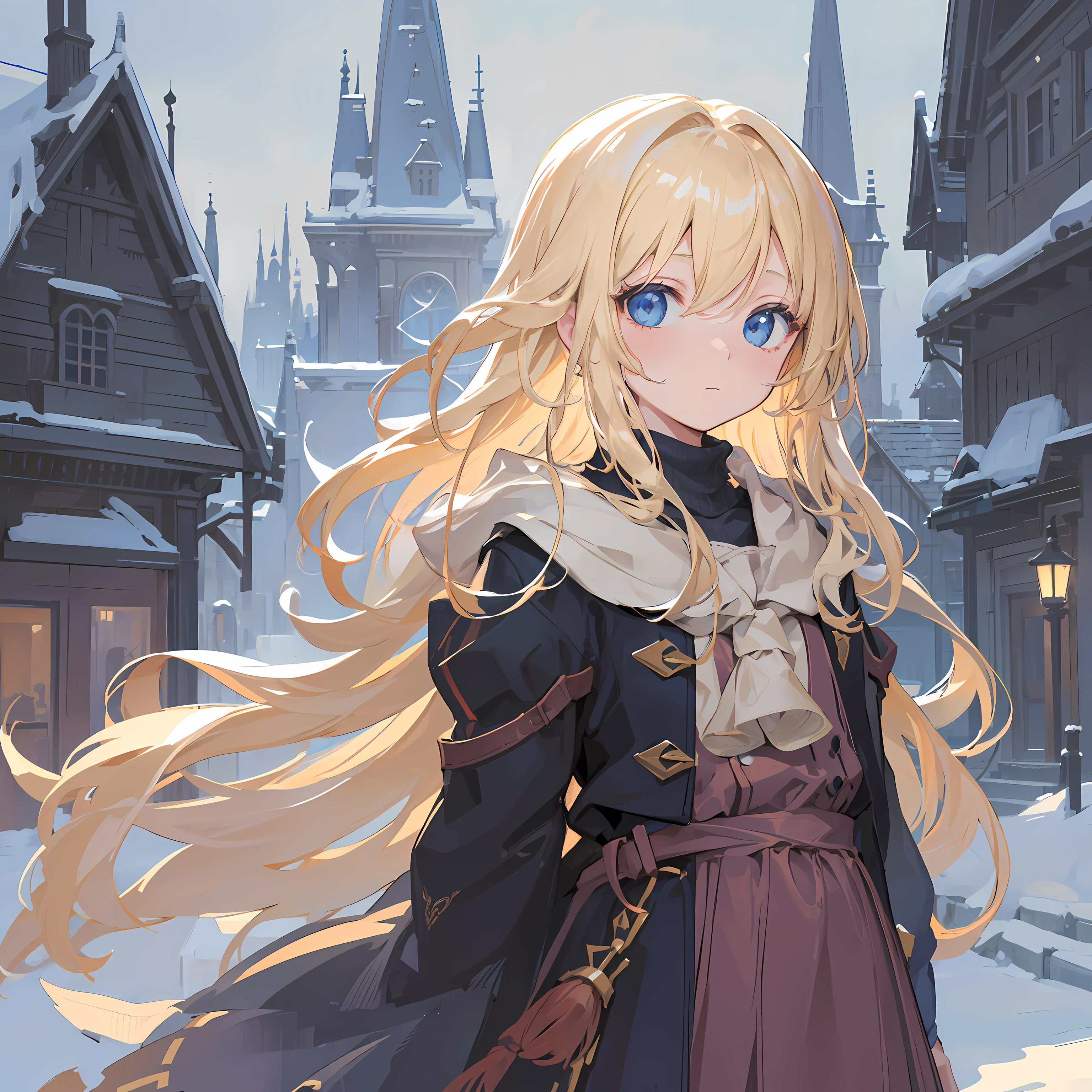 masterpiece, sketch, sketch lines, dark coloring, digital art, 1girl, solo, portrait, winter clothes, snow, blonde hair, long hair, tied hair, small girl, small chest, beautiful detailed eyes, arms behind back, depth of field, blurry, village background