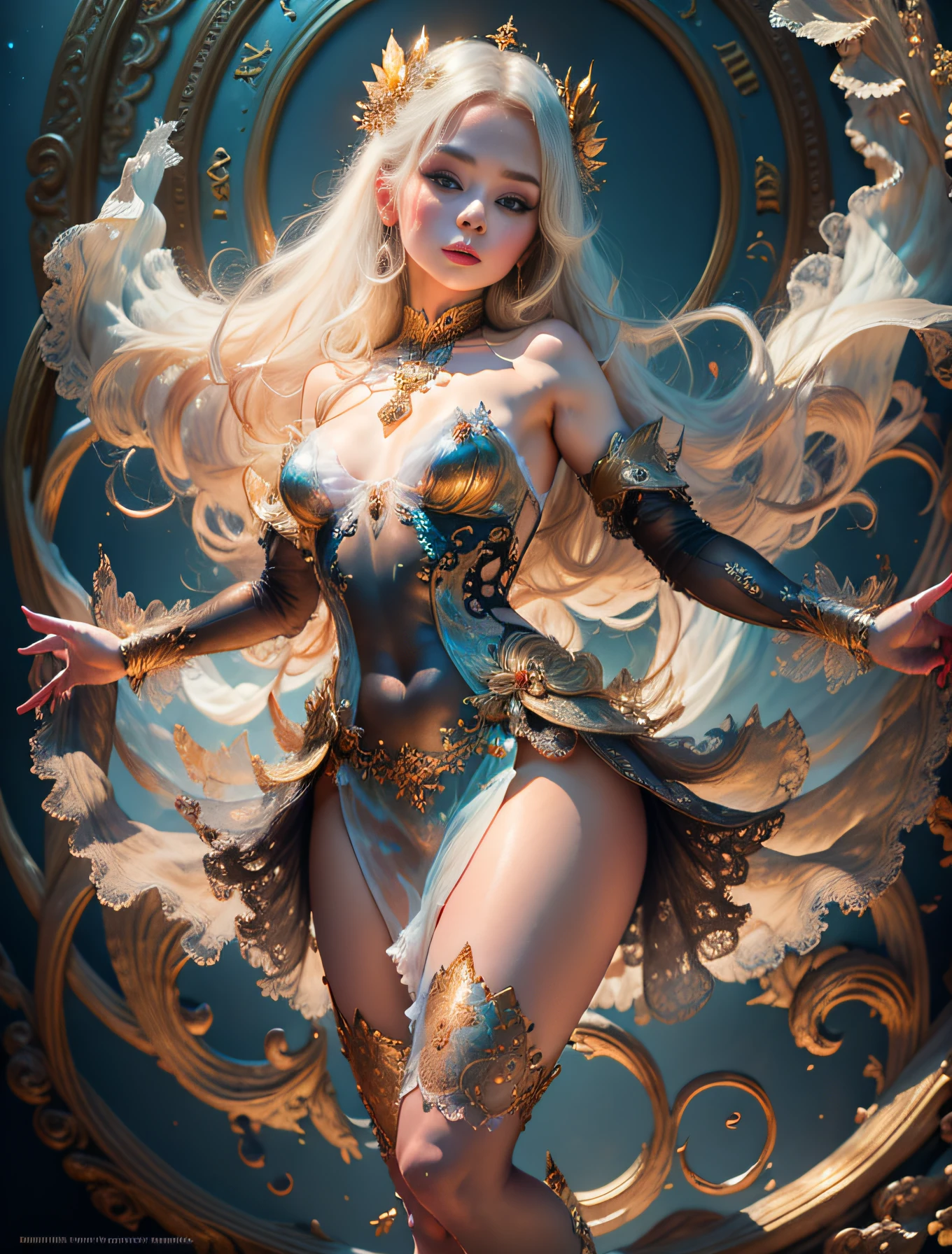 face by tom bagshaw art station, Moon Goddess, full length figure, contemptuous gaze, detailed face, 1.4), gold decoration, plain black background, beautiful Caucasian girl closeup, dynamic moving body, digital art, splash, full body, Sakimichan art, oriental mandala tattoo, fractal background, silver and gold and bronze spirit, floating antique clock, antique lamp, splash, seductive pose, visible pubic hair , visible small breasts, full body, beautiful European Caucasian girl, sexy lady beauty, bare breasts, open neckline, clothing transparent fabric, standing, realistic, highest detail, holy holy, golden eyes, heavenly palace, countless palaces, clouds, golden light, golden lotus, (tianchi bath), pubic hair view, splash, full body, Sakimichan art, slight smile, seductive pose, visible pubic hair, full body, transparent clothes, Jean-Bapti style ste monge, shiny, beautiful girl, glittering, cute adorable filigree, edge lighting, lights, surreal, fantasy, digital art, wlop, artgerm and james jean, floating antique clock, antique lamp, floating antique clock, tom bagshaw art station face, the perfect masterpiece, highest quality, the perfect artwork, 8K, upper body lens, frontal portrait, delicate face, looking at the audience, beautiful girl, magical transparent eyes, platinum hair and 3d fractals, colorful illustration, anime cartoon style, face of tom bagshaw art station, dreamy glow, golden, goddess maiden, flame, flowing female full body, close-up of beautiful caucasian girl, body in motion dynamic, fluent, 3d fractals, light particles, spiritual ink, soft, glittering, minimalistic style, 16k, intricate art masterpiece, open legs, see-through clothing, goddess maiden , 1 sexy girl in transparent forest clothes, exposed breasts, open transparent T-shirt