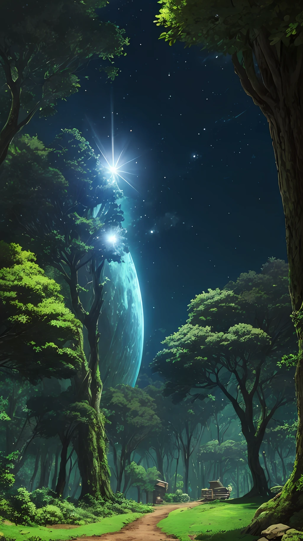 Melhor qualidade, obra prima, ultra detalhado, Ultra resolution, anime, doutor Stone, Laboratory in the forest, vila de madeira ao fundo, iluminado por tochas, noite escura estrelada, starly sky, estrelas carentes, lua cheia.