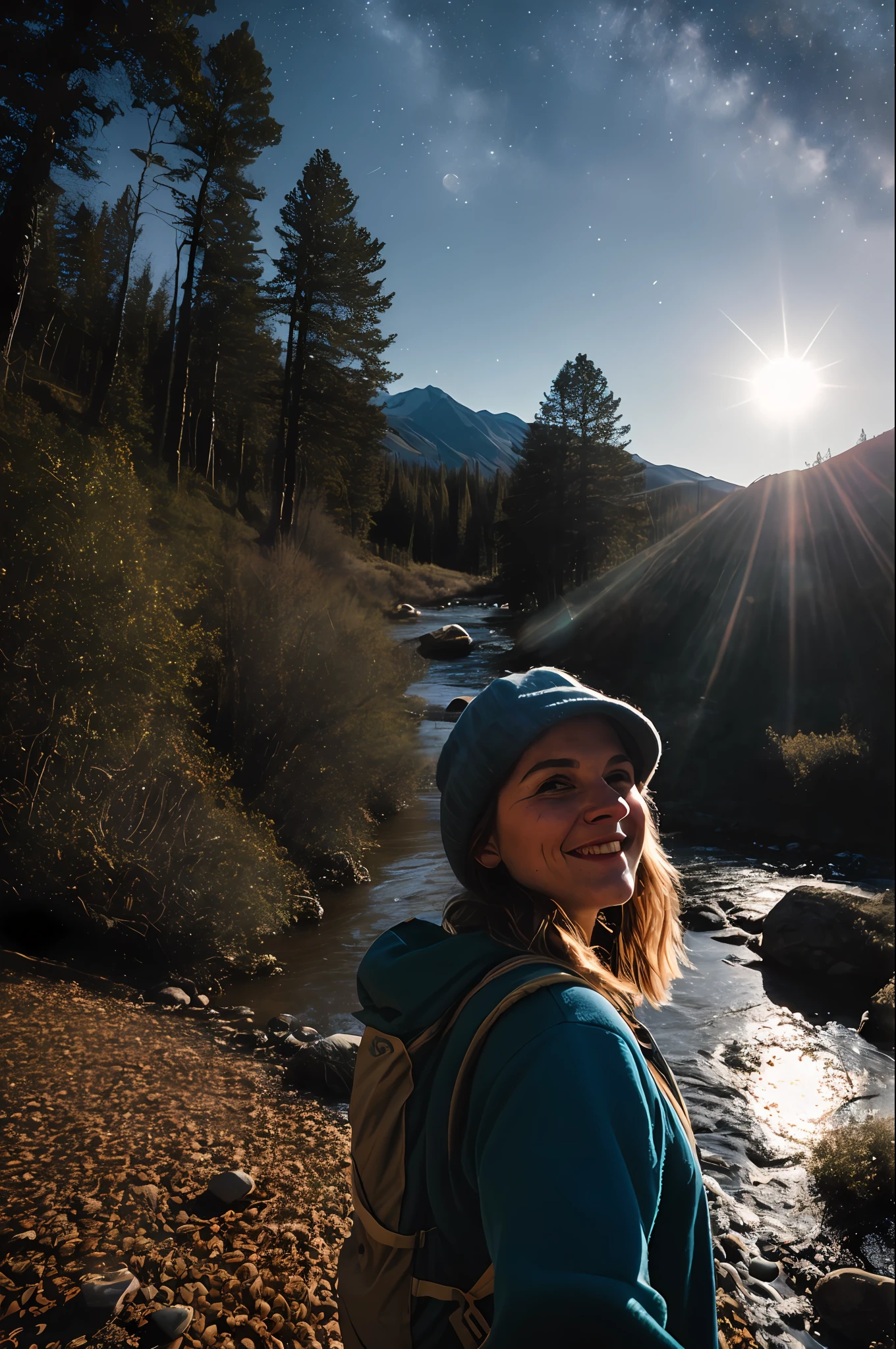 1 woman((upper body selfie, happy)), masterpiece, best quality, ultra-detailed, solo, outdoors, (night), mountains, nature, (stars, moon) cheerful, happy, backpack, sleeping bag, camping stove, water bottle, mountain boots, gloves, sweater, hat, flashlight, forest, rocks, river, wood, smoke, shadows, contrast, clear sky, analog style (look at viewer:1.2) (skin texture) (film grain:1.3), (warm hue, warm tone) :1.2), close up, cinematic light, sidelighting, ultra high res, best shadow, RAW, upper body, wearing pullover
