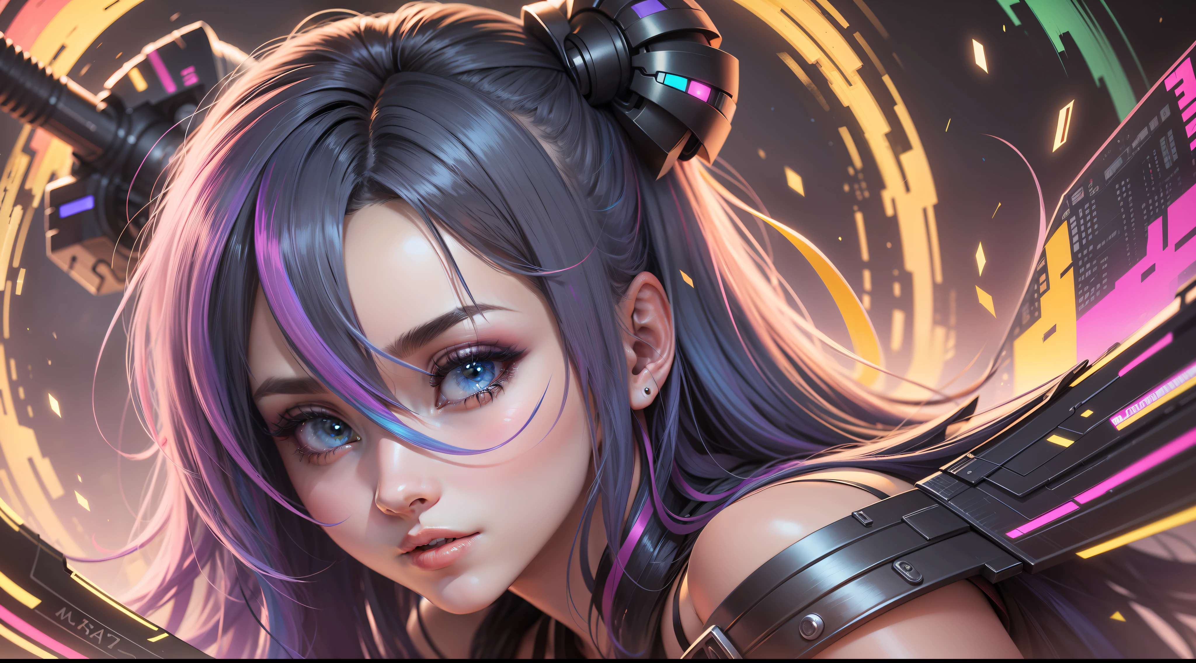 Mulher ninja com fone de ouvido sentido paz, olhos fechados, rosto bonito, cores RGB, cabelo rosa brilhante, colorido anime, fundo brilhante, Banner for youtube video, menina feliz, nuvens com cores RGB, cores RGB brilhantes, completo, ser celestial, garota gamer.