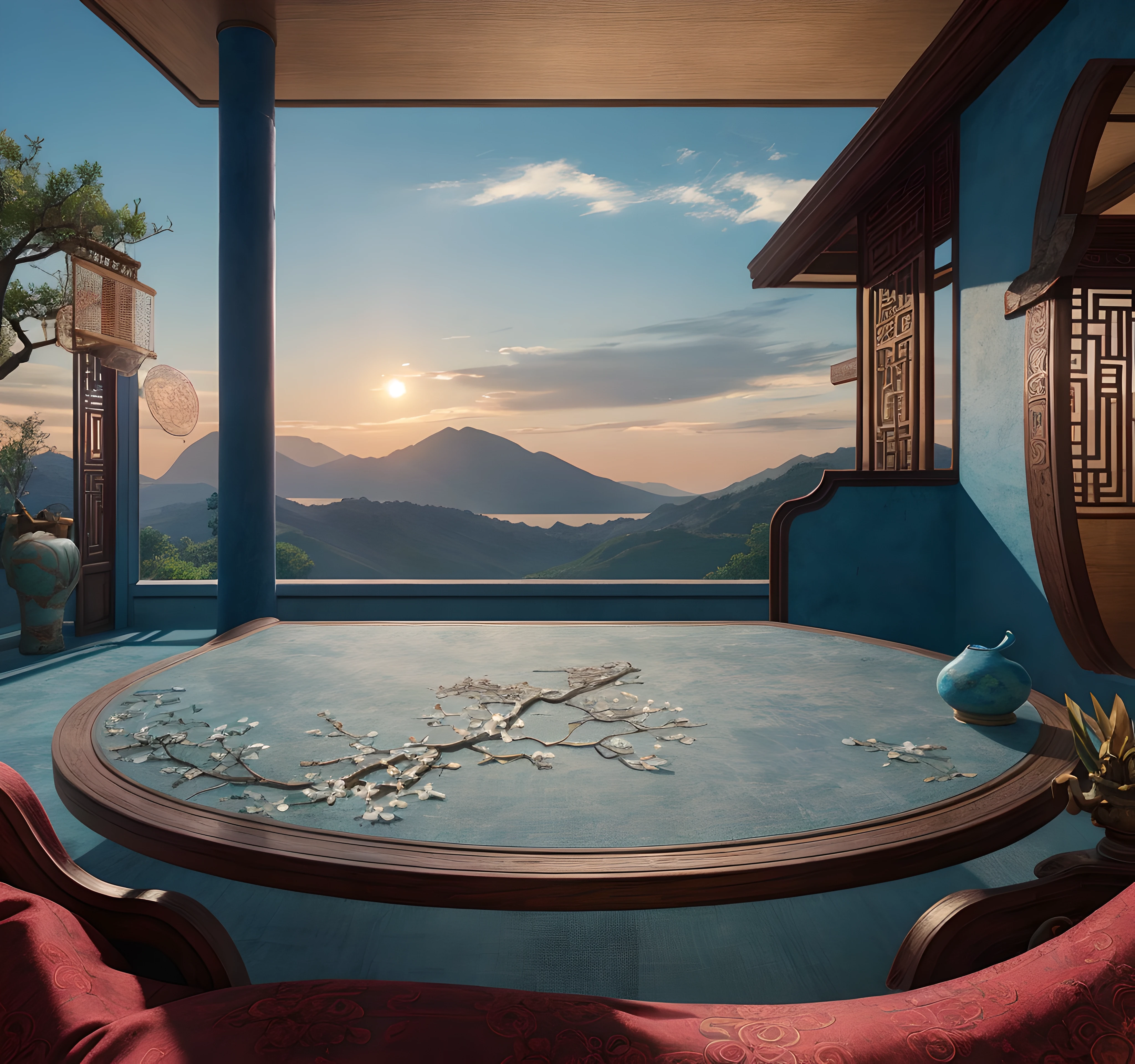 real rendering,Reallightandshadow,(Antique interior design)、Chinese home furnishings、Circular entrance、Depth、symmetrical design、((Antique carved door beams、carved beam paintings、tables and chairs、Bonsai、vases、chinaware、the trees、florals、Chinese lamps、Embroidery、screen、Beds、cushion、Blue sand curtain))、Exquisite home、rich details、Ancient Chinese Ming dynasty style、Quiet and elegant atmosphere、The blue tone is the base tone、Delicate and soft painting style、Cinematic lighting effects、high-definition picture quality、softlighting、Tyndall effect、dream magical、rich details、Refer to Gu Kaizhi、32K、high high quality、A high resolution、VerydetailedCG,Realistic background, Fundo sala de estar,, hyper detailed scene,, realistic detailed background, highly detailed scenario, arte de fundo, detailed scene, round background