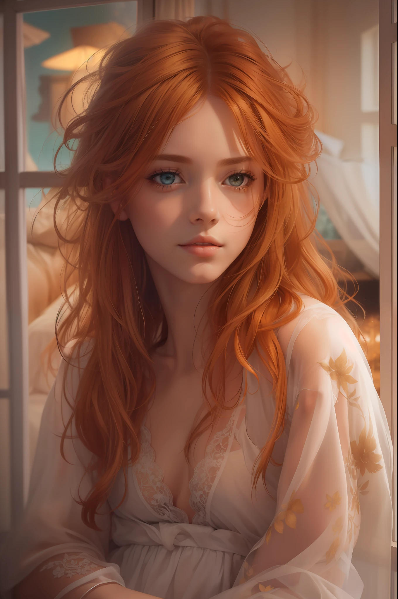 (best qualtiy,tmasterpiece,art stations,Fantasyart:1.2),A French girl,beautiful lovely,petite,(Long, messy ginger hair:1.1),(Silk nightdress,naked leg:1.2),In front of the bedroom window,realisticlying,Detailed face,Correct fingers