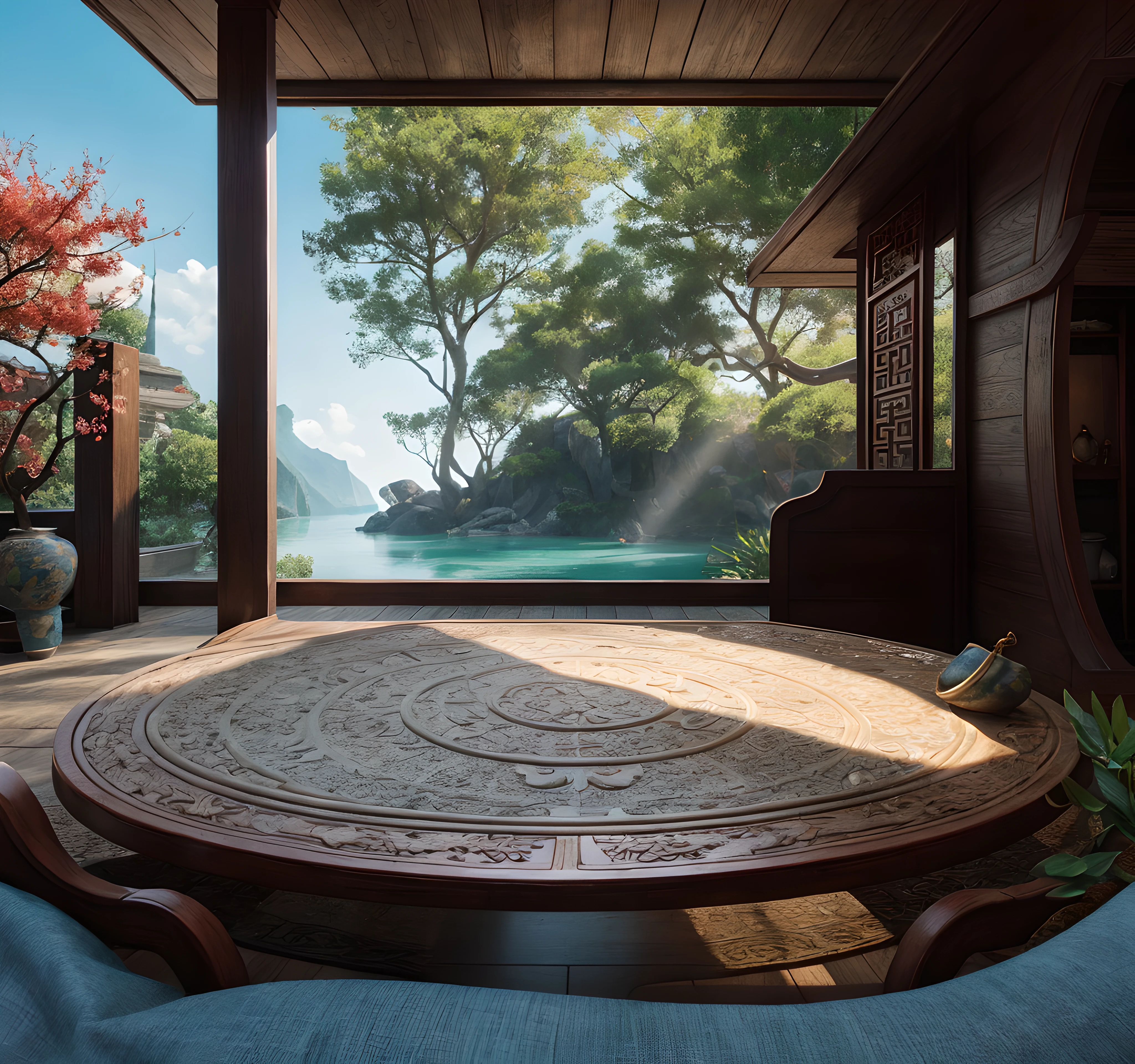 real rendering，Reallightandshadow，(Antique interior design)、Chinese home furnishings、Circular entrance、Depth、symmetrical design、((Antique carved door beams、carved beam paintings、tables and chairs、Bonsai、vases、chinaware、the trees、florals、Chinese lamps、Embroidery、screen、Beds、cushion、Blue sand curtain))、Exquisite home、rich details​、Ancient Chinese Ming dynasty style、Quiet and elegant atmosphere、The blue tone is the base tone、Delicate and soft painting style、Cinematic lighting effects、high-definition picture quality、softlighting、Tyndall effect、dream magical、rich details​、Refer to Gu Kaizhi、32K、high high quality、A high resolution、VerydetailedCG，Realistic background, Fundo sala de estar,, hyper detailed scene,, realistic detailed background, highly detailed scenario, arte de fundo, detailed scene, round background