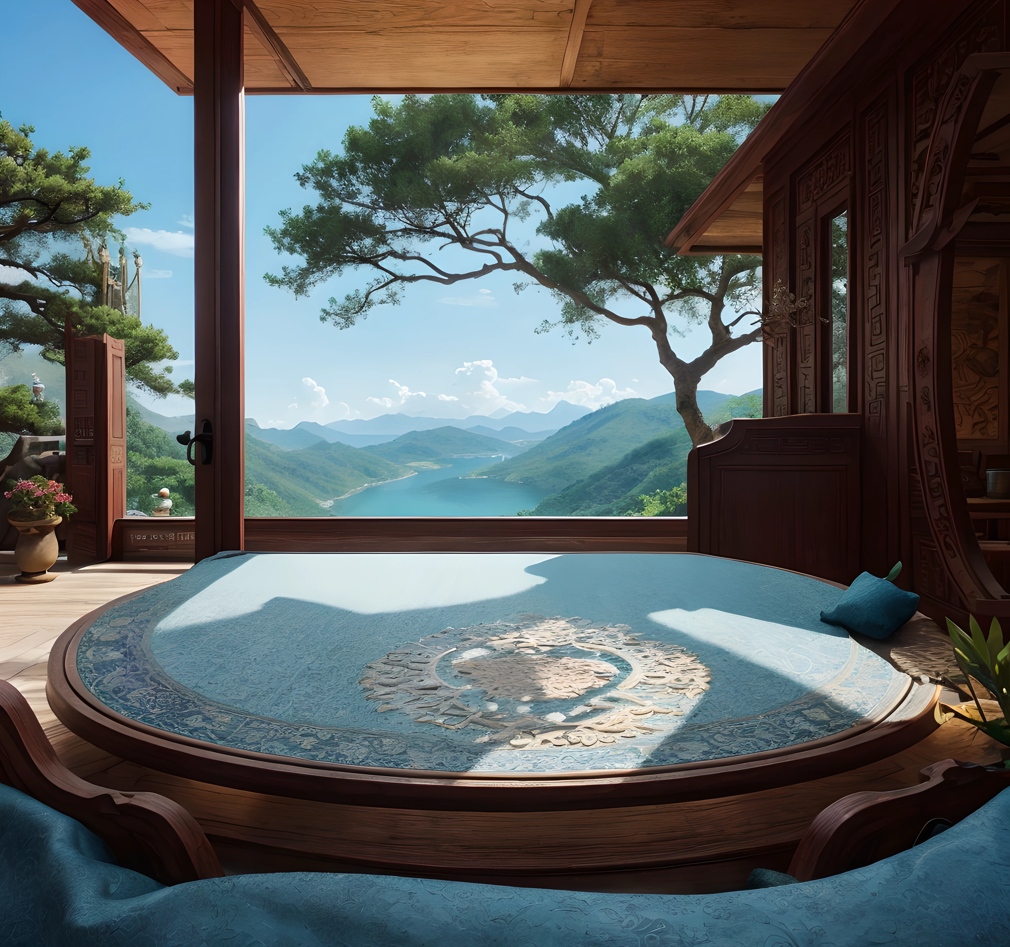 real rendering，Reallightandshadow，(Antique interior design)、Chinese home furnishings、Circular entrance、Depth、symmetrical design、((Antique carved door beams、carved beam paintings、tables and chairs、Bonsai、vases、chinaware、the trees、florals、Chinese lamps、Embroidery、screen、Beds、cushion、Blue sand curtain))、Exquisite home、rich details​、Ancient Chinese Ming dynasty style、Quiet and elegant atmosphere、The blue tone is the base tone、Delicate and soft painting style、Cinematic lighting effects、high-definition picture quality、softlighting、Tyndall effect、dream magical、rich details​、Refer to Gu Kaizhi、32K、high high quality、A high resolution、VerydetailedCG，Realistic background, Fundo sala de estar,, hyper detailed scene,, realistic detailed background, highly detailed scenario, arte de fundo, detailed scene, round background
