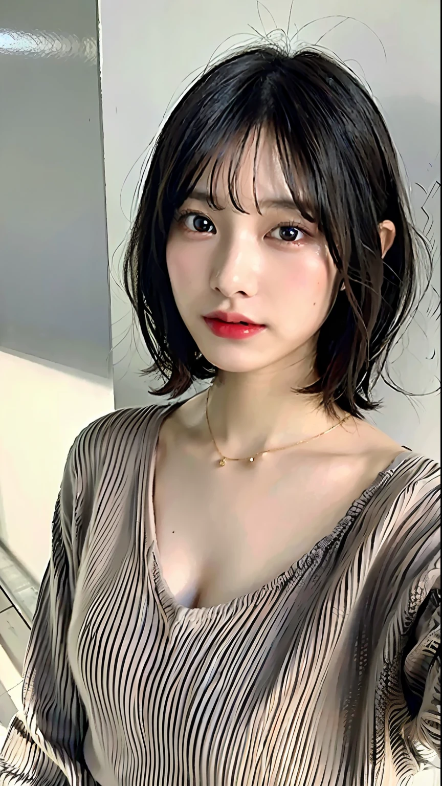 (Best quality, 8k, 32k, Masterpiece, UHD:1.2),Photo of Pretty Japanese woman, large breasts, very short bob hair,upper body,face focus,oversized_sweater, necklace, simple background, from above, looking at viewer,
