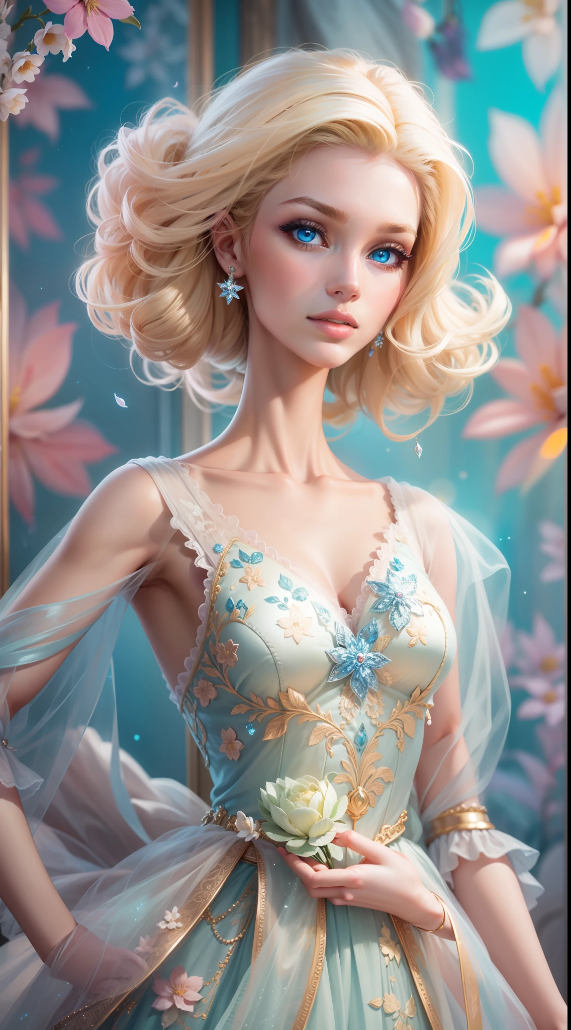 "A vibrant and glamorous Barbie doll portrait with impeccable details, capturing her elegance and charm in a high-resolution CG artwork. Radiant and flawless, the doll features a stylish outfit, stunning blue eyes, and perfectly styled (blonde hair:1.2). The soft lighting accentuates her beauty, while a hint of sparkle adds a touch of magic. Set against a dreamy background filled with pastel colors and delicate flowers, the composition creates a whimsical and enchanting atmosphere.+"