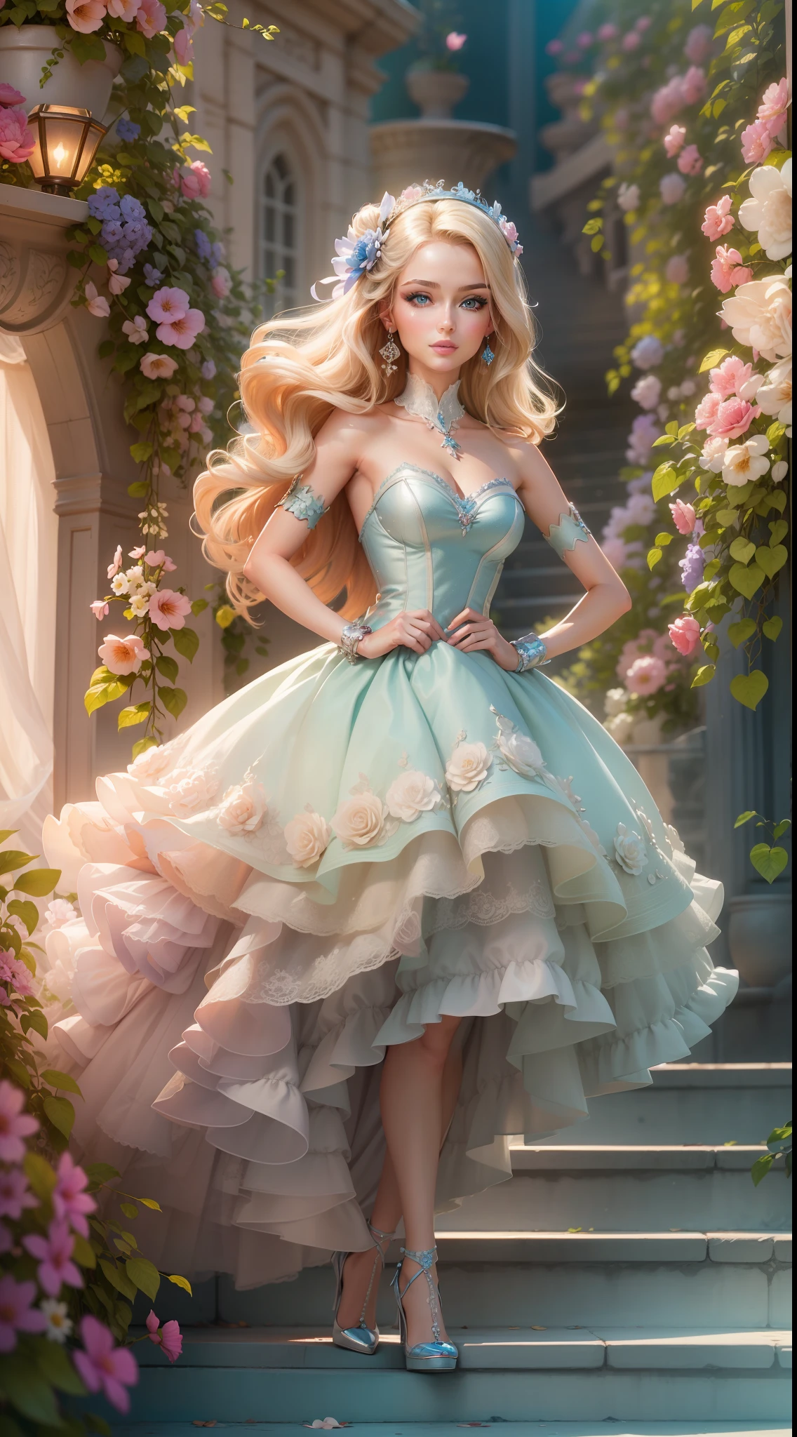 "A vibrant and glamorous Barbie doll portrait with impeccable details, capturing her elegance and charm in a high-resolution CG artwork. Radiant and flawless, the doll features a stylish outfit, stunning blue eyes, and perfectly styled (blonde hair:1.2). The soft lighting accentuates her beauty, while a hint of sparkle adds a touch of magic. Set against a dreamy background filled with pastel colors and delicate flowers, the composition creates a whimsical and enchanting atmosphere.+"