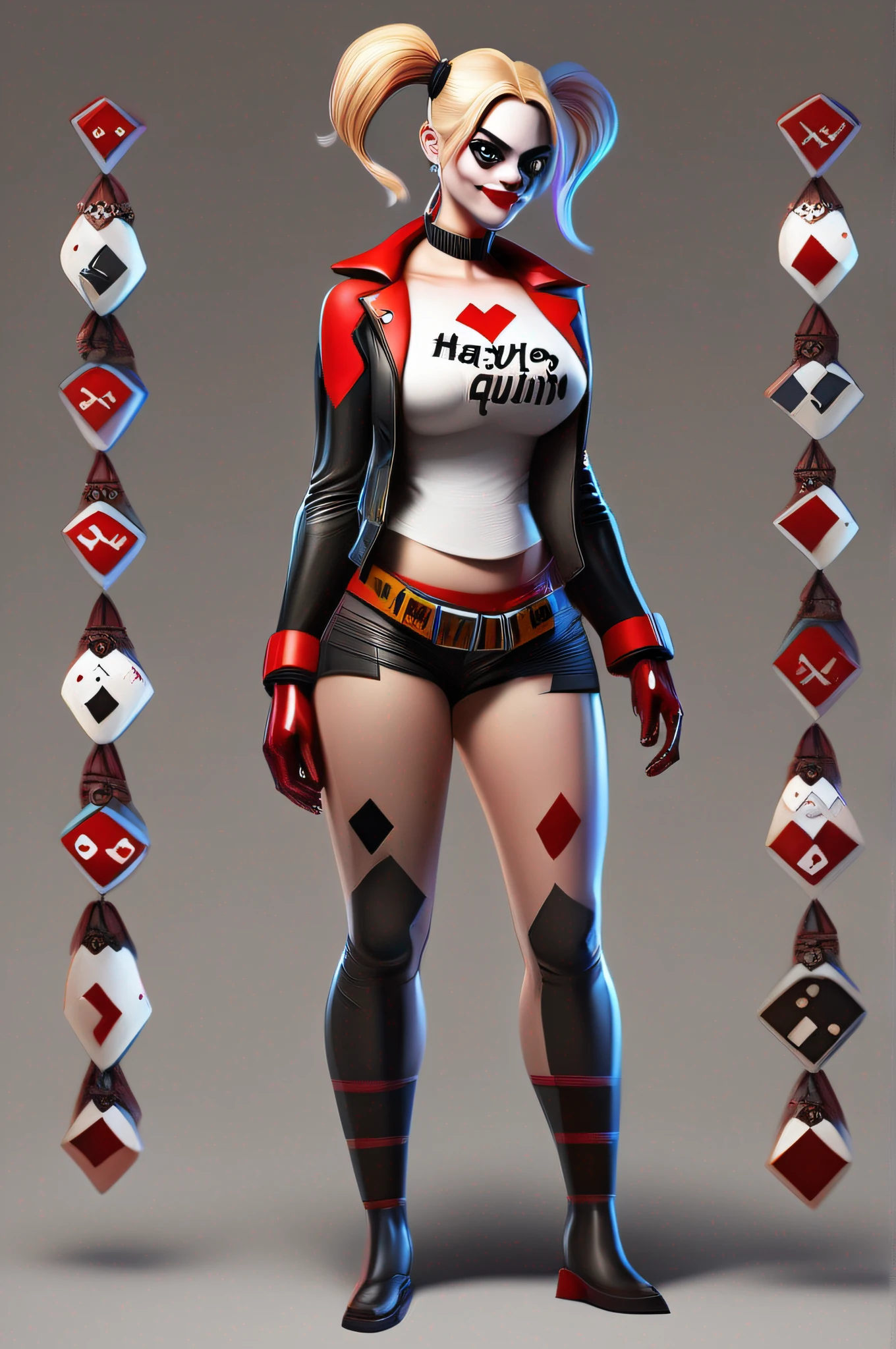 Harley Quinn from DC, big breasts, frontal, full-length, looking at the camera, facing the audience, standing pose, simple background, three-dimensional light, detailed full-body concept, sleek digital concept art, beautiful full-body concept art, art trend, CGsociety full-length,