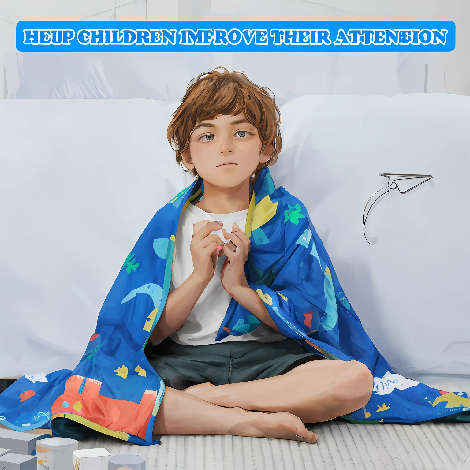 The boy sits on the floor，With a blanket on his legs, hight detailed, full subject shown in photo, High quality details, for ????, advertisement picture, high-resolution details, easy to use, Children, high-angle view, product introduction photos, 5 years old, large portrait, product introduction photos, Very detailed picture, goodnight, during night