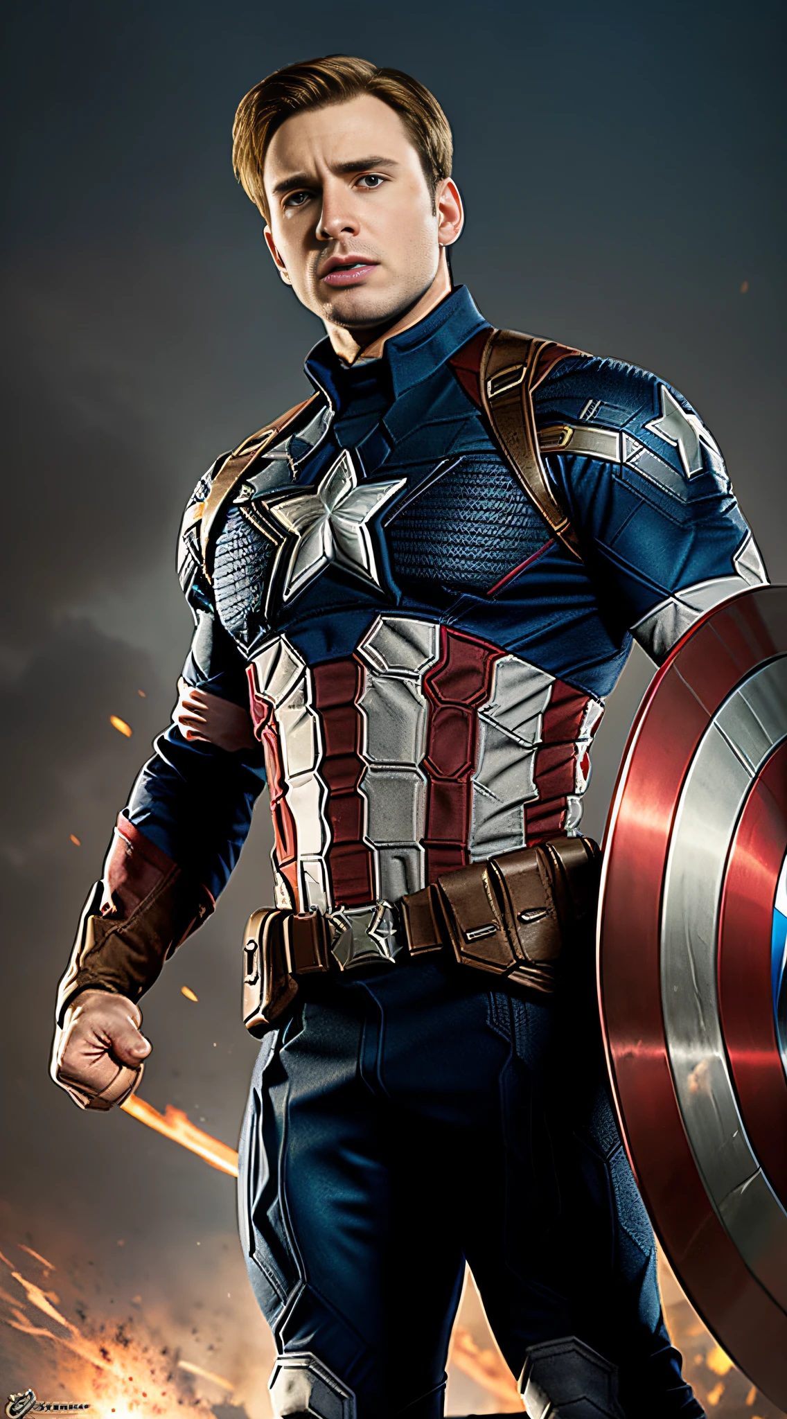 During an exhilarating photoshoot, Chris Evans embodies the iconic character of Captain America. Donning the signature blue, red, and white uniform, he exudes all the determination and bravery of the superhero. His heroic posture and confident gaze reveal the strength and leadership that the character represents. Strategically positioned lighting highlights Captain America's chiseled muscles, accentuating the epic vibe of the scene. The American flag in the background adds a patriotic touch, reinforcing the superhero's image as a symbol of hope and justice. Through the skillful lens of Omnidjourney, the heroic essence of Captain America is captured, making the photograph a powerful tribute to this beloved character from the Marvel Cinematic Universe