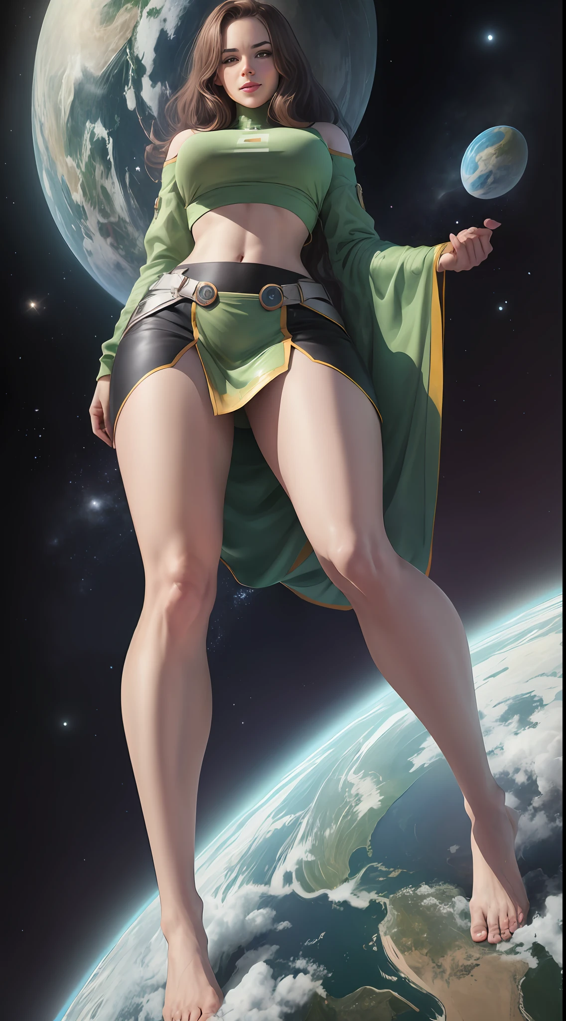 (((Towering over you))), giant woman in provocative crop top, brown hair, smirking, standing on a planet in space with her full body in view, furrowed brow, barefoot