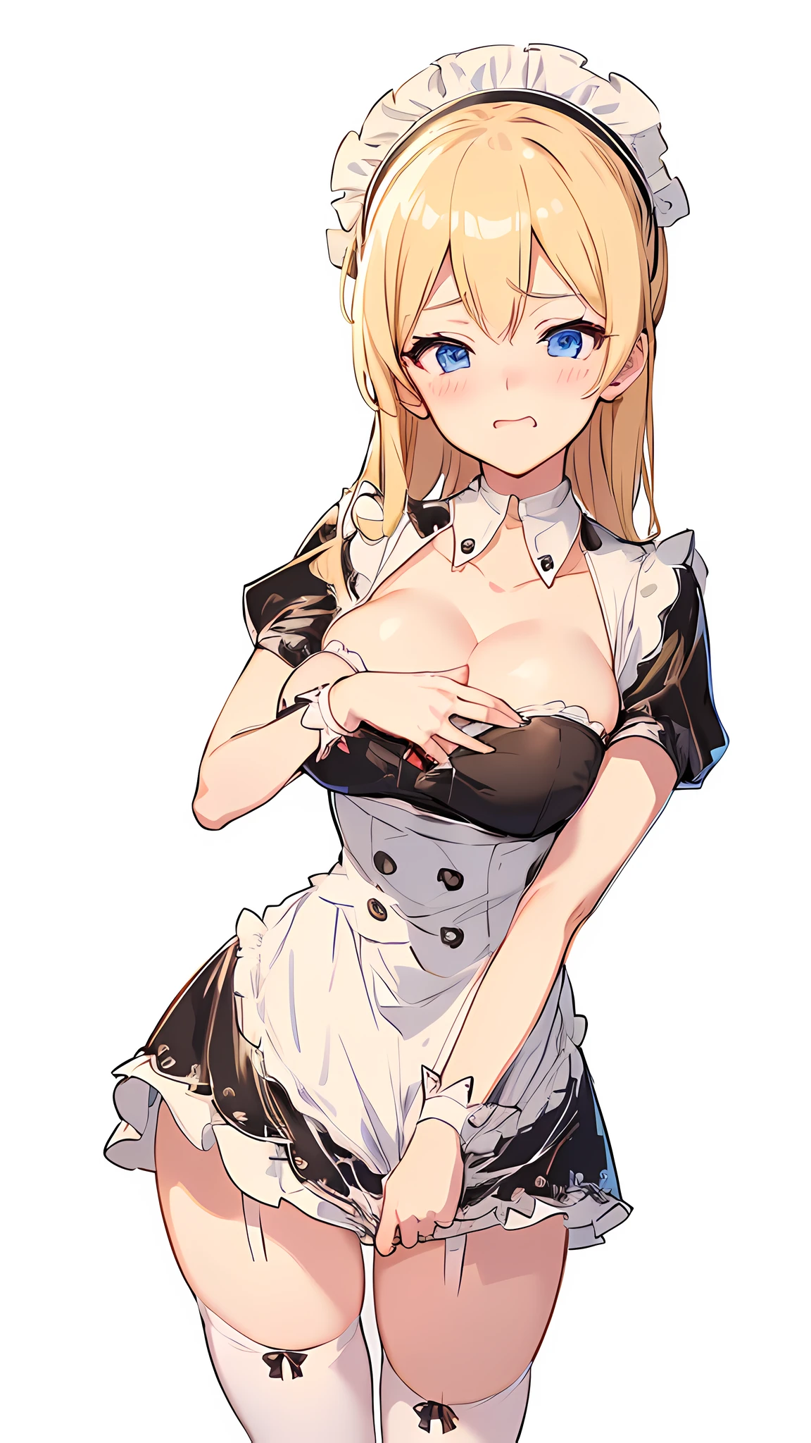 anime 1girl, embarrassed face, blonde hair, medium breast, maid outfit, black maid clothes, show off breast, white background, depth of field, colorful, trending on ArtStation, trending on pixiv