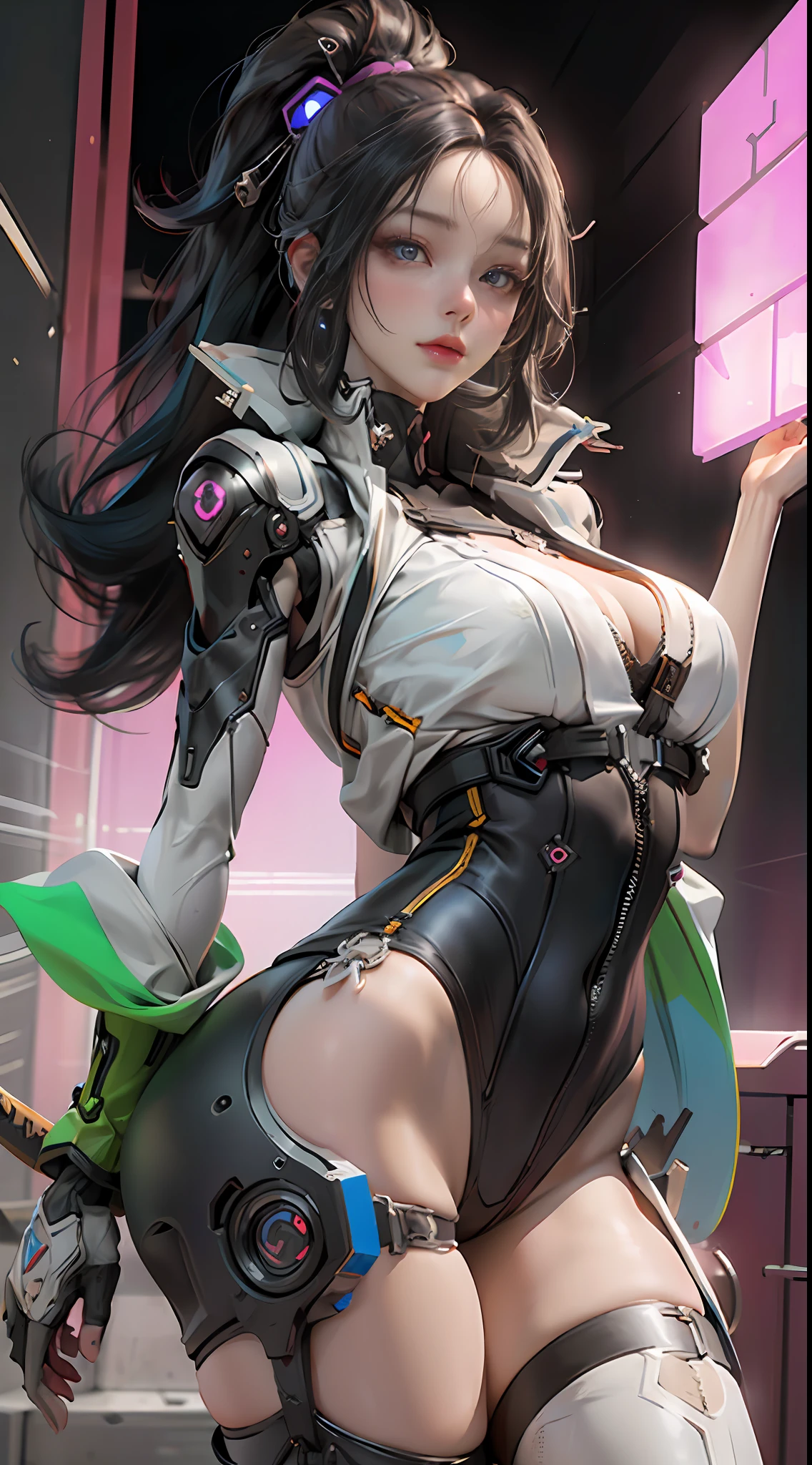 ((Best quality)), ((masterpiece)), (detailed:1.4), 3D, an image of a beautiful cyberpunk female,HDR (High Dynamic Range),Ray Tracing,NVIDIA RTX,Super-Resolution,Unreal 5,Subsurface scattering,PBR Texturing,Post-processing,Anisotropic Filtering,Depth-of-field,Maximum clarity and sharpness,Multi-layered textures,Albedo and Specular maps,Surface shading,Accurate simulation of light-material interaction,Perfect proportions,Octane Render,Two-tone lighting,Wide aperture,Low ISO,White balance,Rule of thirds,8K RAW,