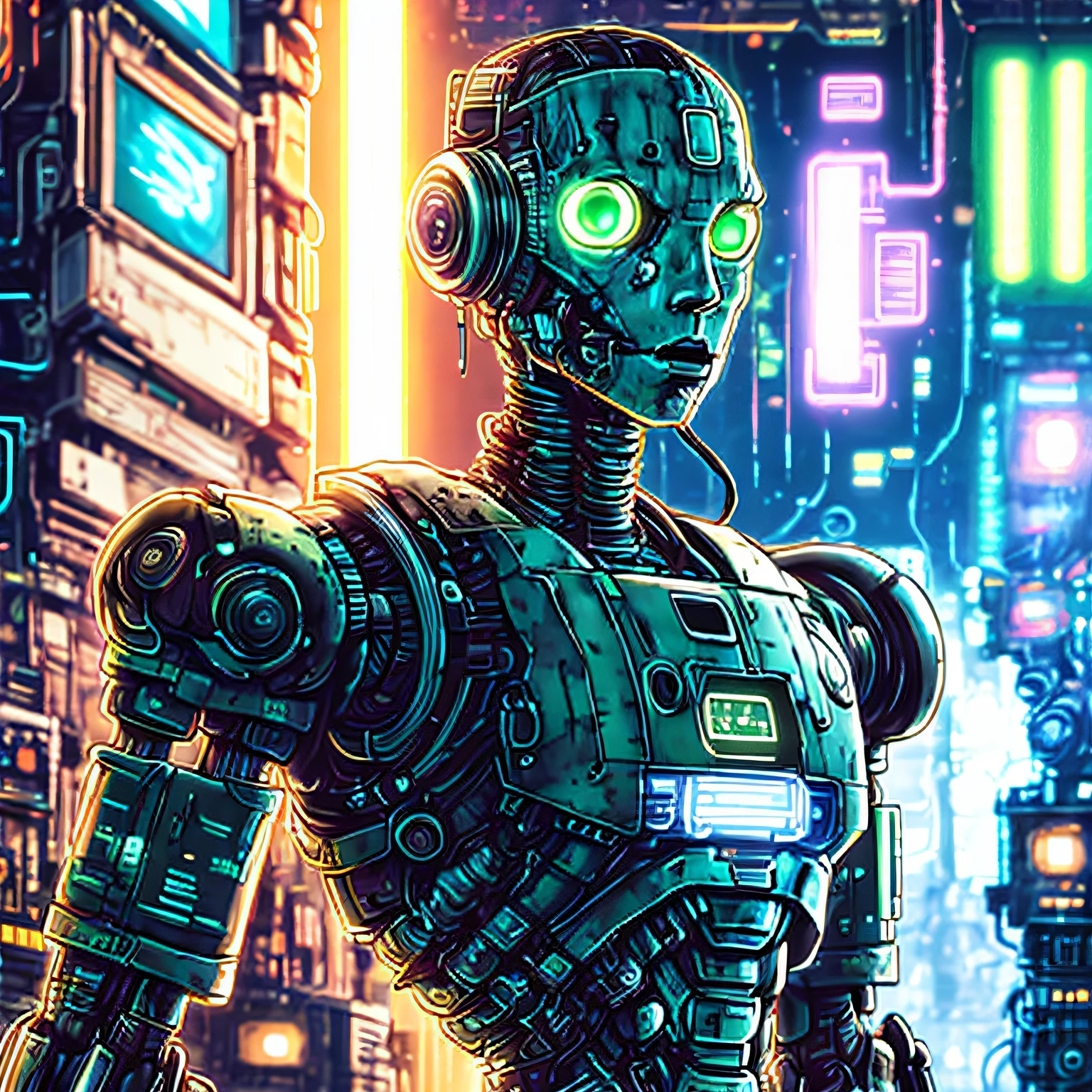 foto, a robot withgreen eyes with a candlestick chart in the background (estilo cyberpunk neon:1)