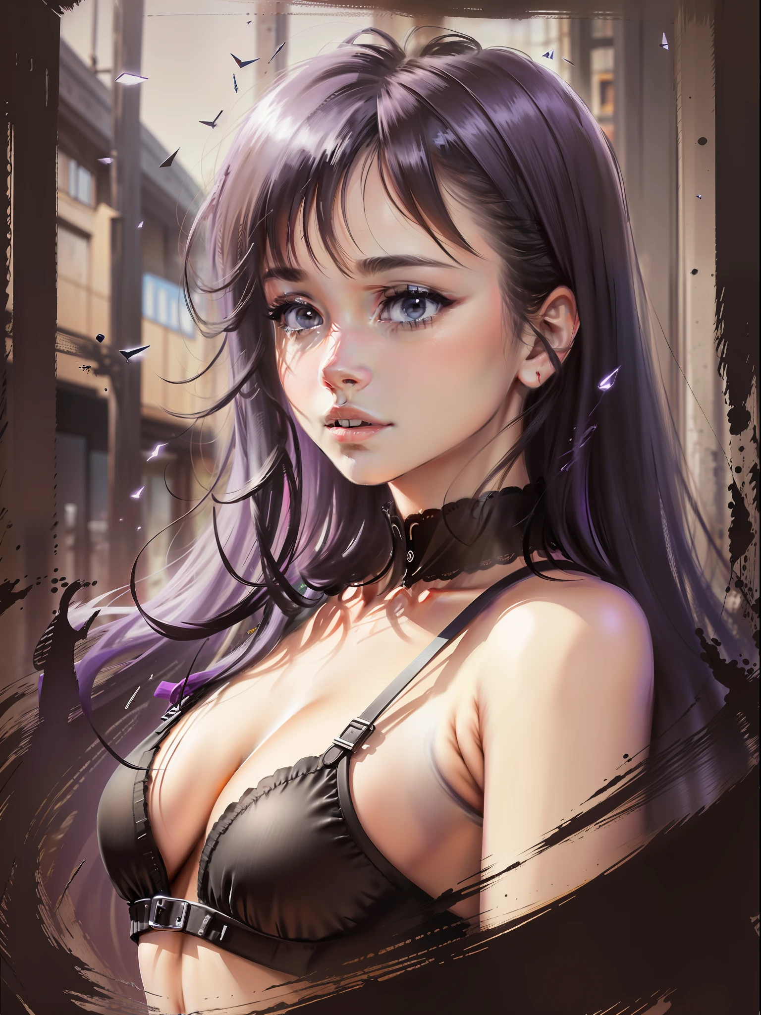 (1 jovem), retrato, (model appearance:1.1), (lilac bra), seios,medios,rua estreita, (muitos detalhes:1.3), (pessoas observando:1.5), luz suave, (kinematics:1.2), (cores interessantes:0.5) ,luz ambiente,ultra detalhadi
