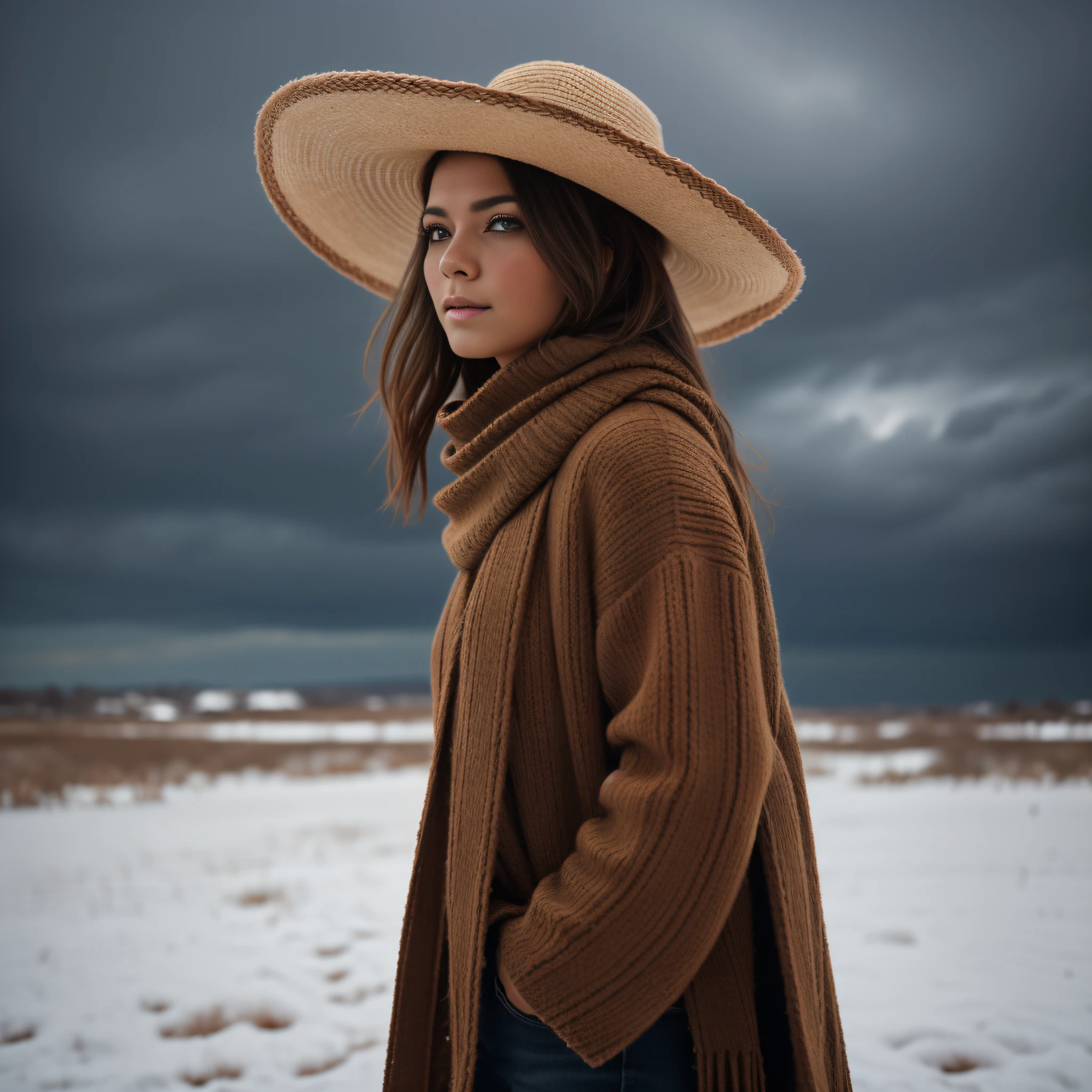 Una mujer azteca con sombrero y bufanda en la nieve, Un retrato, por Antoni Brodowski, Shutterstock, Arte digital, Cute young woman with wavy brown hair, en una tormenta, Mirando hacia arriba, Superior bokeh kinematic lighting