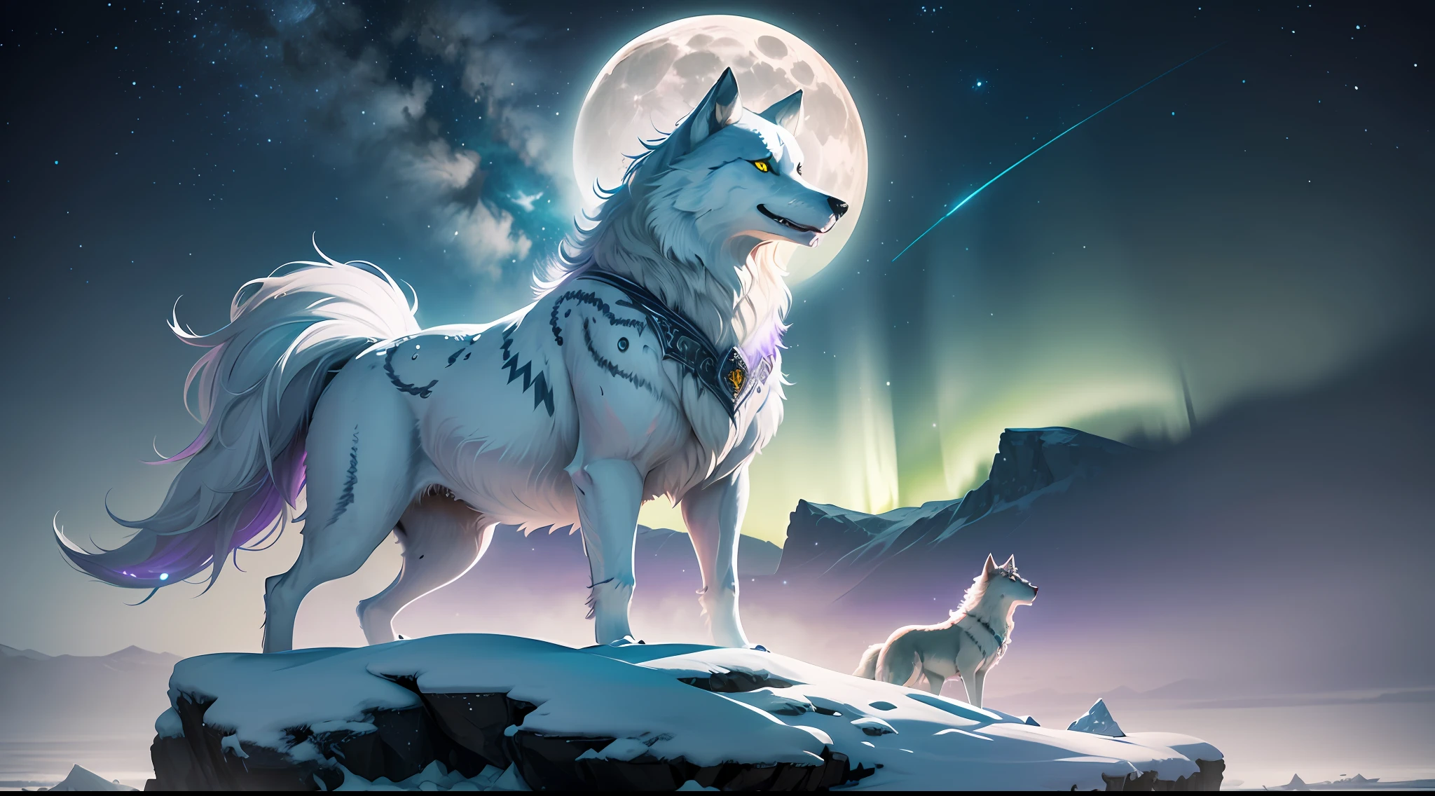 A majestic white wolf with piercing yellow eyes, standing proudly on a snow-covered cliff overlooking a vast, frozen tundra. The wolf's thick fur ripples in the cold wind, and its eyes exude wisdom and mystery. The moon shines brightly in the night sky, casting an ethereal glow on the landscape, while the Northern Lights dance gracefully, painting the sky with vivid hues of green and purple. The wolf is the epitome of strength and grace, and the icy landscape adds an aura of solitude and serenity. Photography, captured with a full-frame DSLR camera using a 300mm telephoto lens, --ar 16:9 --v 5. --auto