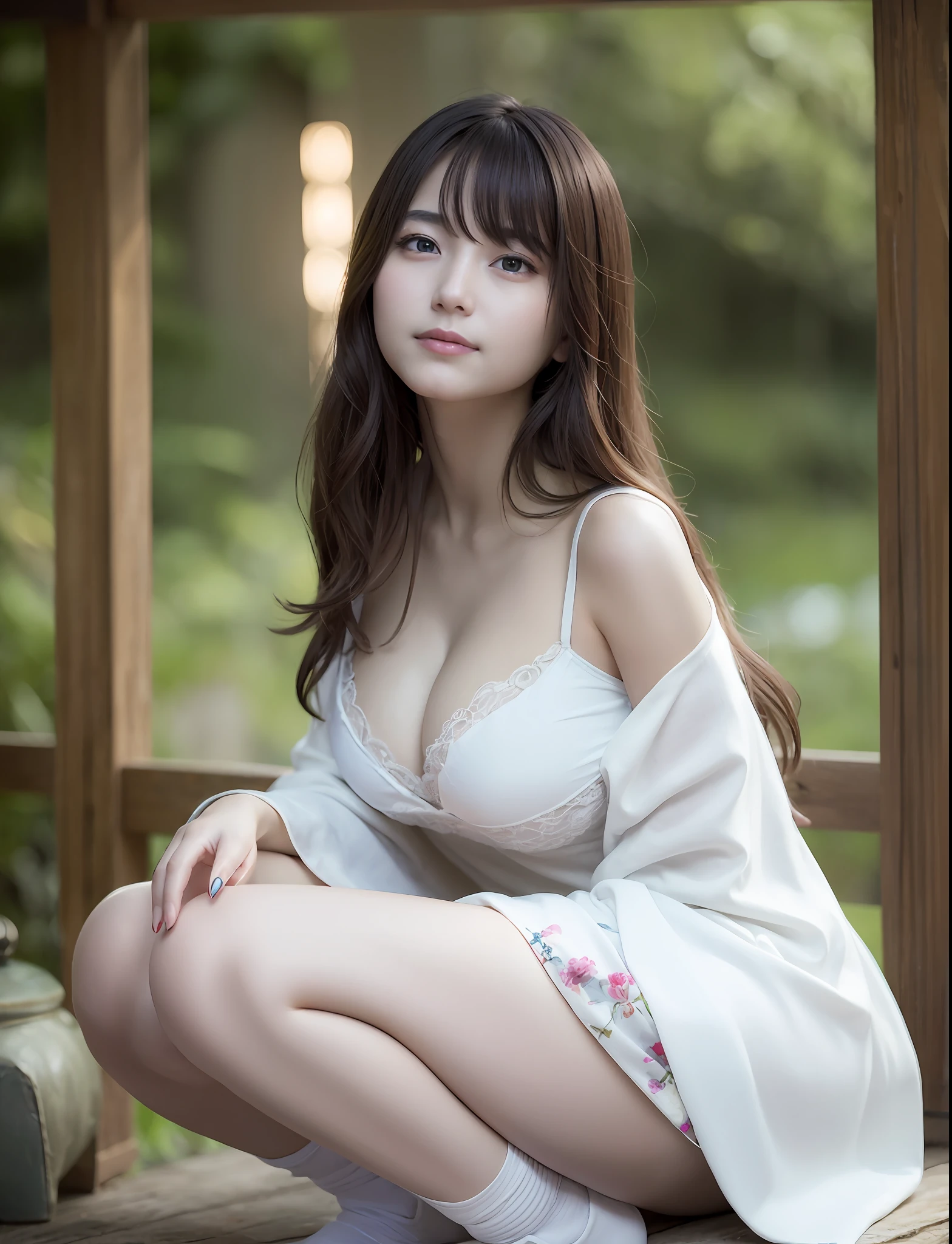 best qualtiy、​masterpiece、illustratio、extremely delicate and beautiful、A highly detailed、8K wallpapers、astonishing、Exquisite details、​masterpiece、best qualtiy、Official Art、Highly detailed CG unity 8k wallpapers、Ridiculous、Incredibly ridiculous、huge filesize, ultra-detailliert, hight resolution, ighly detailed,a beautiful detailed girl, extremely detailed eye and face, beatiful detailed eyes,Facial light,(Hanfu:1.1),1girl, full body,full-body ,shot,,masterpiece,1girl,独奏,A dark-haired,robe blanche,cleavage of the breast, white knee-socks, lake,wet​、realisitic、Live Action、a smile