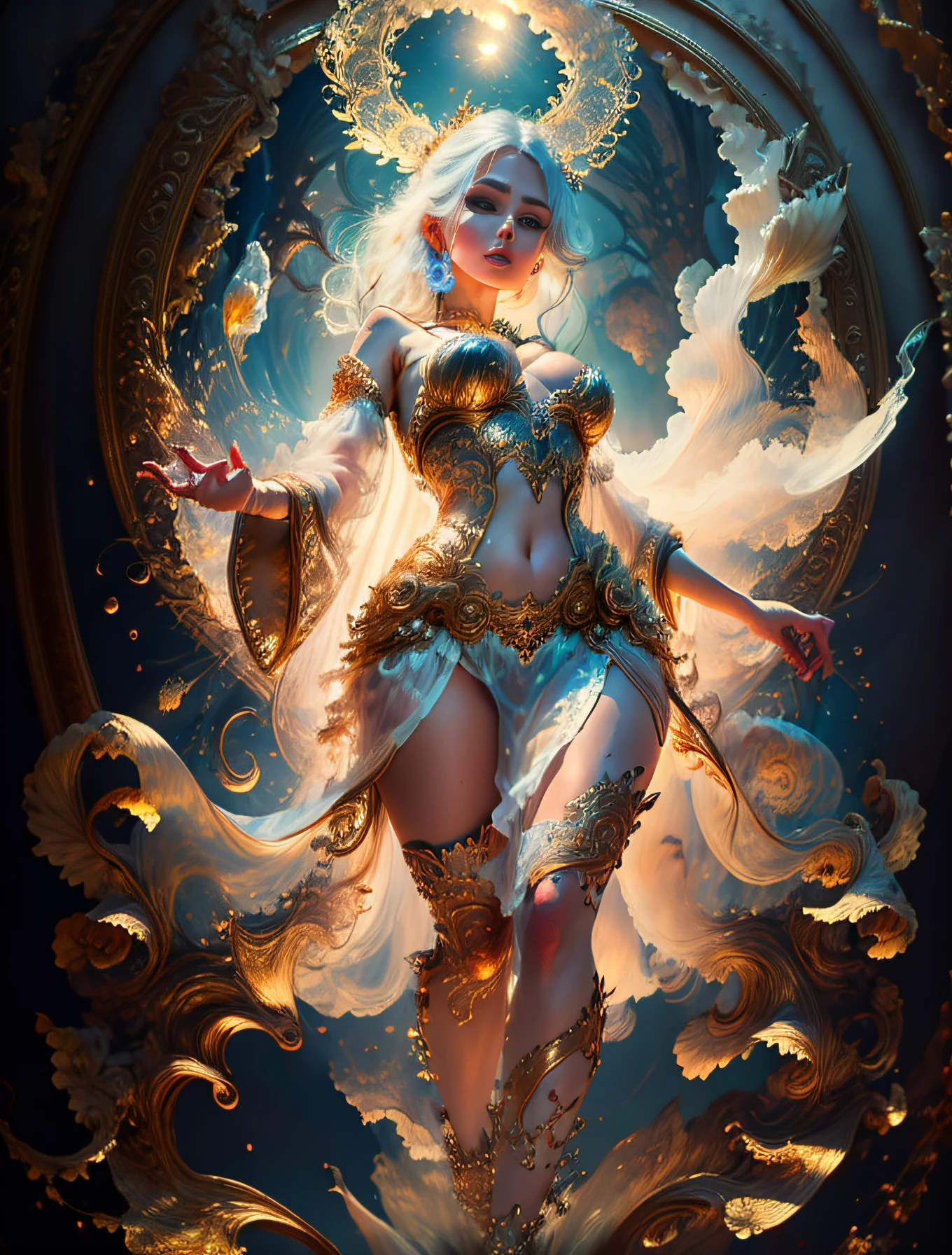 face by tom bagshaw art station, Moon Goddess, full length figure, contemptuous gaze, detailed face, 1.4), gold decoration, plain black background, beautiful Caucasian girl closeup, dynamic moving body, digital art, splash, full body, Sakimichan art, oriental mandala tattoo, fractal background, silver and gold and bronze spirit, floating antique clock, antique lamp, splash, seductive pose, visible pubic hair , visible small breasts, full body, beautiful European Caucasian girl, sexy lady beauty, bare breasts, open neckline, clothing transparent fabric, standing, realistic, highest detail, holy holy, golden eyes, heavenly palace, countless palaces, clouds, golden light, golden lotus, (tianchi bath), pubic hair view, splash, full body, Sakimichan art, slight smile, seductive pose, visible pubic hair, full body, transparent clothes, Jean-Bapti style ste monge, shiny, beautiful girl, glittering, cute adorable filigree, edge lighting, lights, surreal, fantasy, digital art, wlop, artgerm and james jean, floating antique clock, antique lamp, floating antique clock, tom bagshaw art station face, the perfect masterpiece, highest quality, the perfect artwork, 8K, upper body lens, frontal portrait, delicate face, looking at the audience, beautiful girl, magical transparent eyes, platinum hair and 3d fractals, colorful illustration, anime cartoon style, face of tom bagshaw art station, dreamy glow, golden, goddess maiden, flame, flowing female full body, close-up of beautiful caucasian girl, body in motion dynamic, fluent, 3d fractals, light particles, spiritual ink, soft, glittering, minimalistic style, 16k, intricate art masterpiece, open legs, see-through clothing, goddess maiden , 1 sexy girl in transparent forest clothes, exposed breasts, open transparent T-shirt