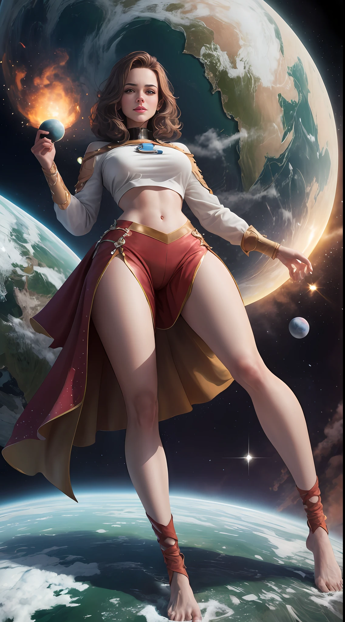(((Towering over you))), giant woman in provocative crop top, brown hair, smirking, standing on a planet in space with her full body in view, furrowed brow, barefoot