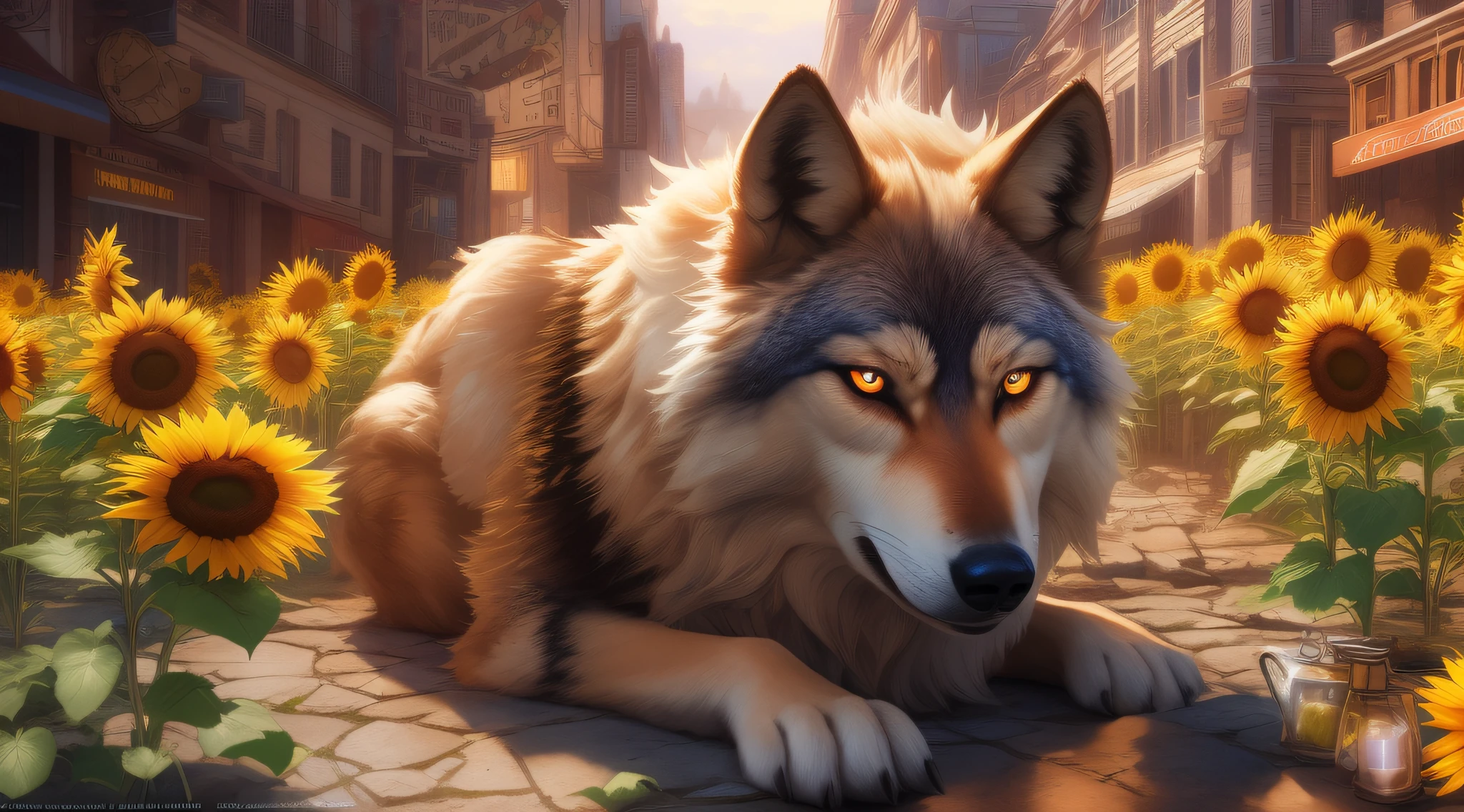 Wolf in the midst of sunflowers, hyper realistic, ultra detailed photograph, miling, golden jewelry, shiny, sunlight fractal details, depth of field, HOF, hall of fame, detailed gorgeous face, apocalyptic environment, natural body posture, professional photographer, captured with professional DSLR camera, trending on Artstation, 64k, ultra detailed, ultra accurate detailed, bokeh lighting, surrealism, Thomas Kinkade background, urban, ultra unreal engine, WLOP, Pauline Voß, Pascal Quidault, , Christian Schob, Martina Fackova, intricate, epic, freckles, peach fuzz, detailed mascara