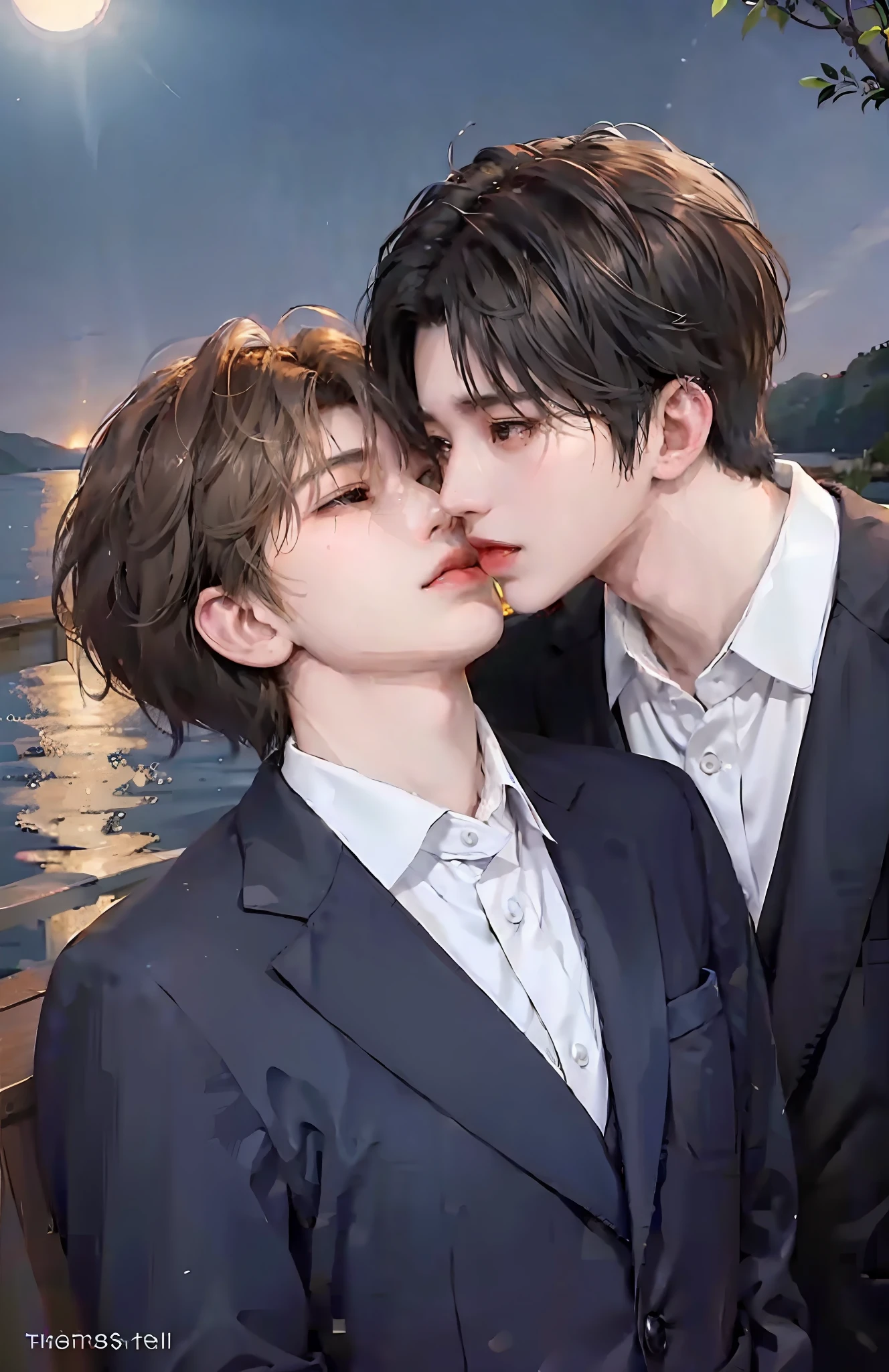 Masterpiece, top quality, two men, adult, in a suit, kiss on the neck, tall muscles, handsome and delicate eyes, intricate details, clear water, moonlit night, smile, aesthetic, romantic, dreamy, kissing, kiss