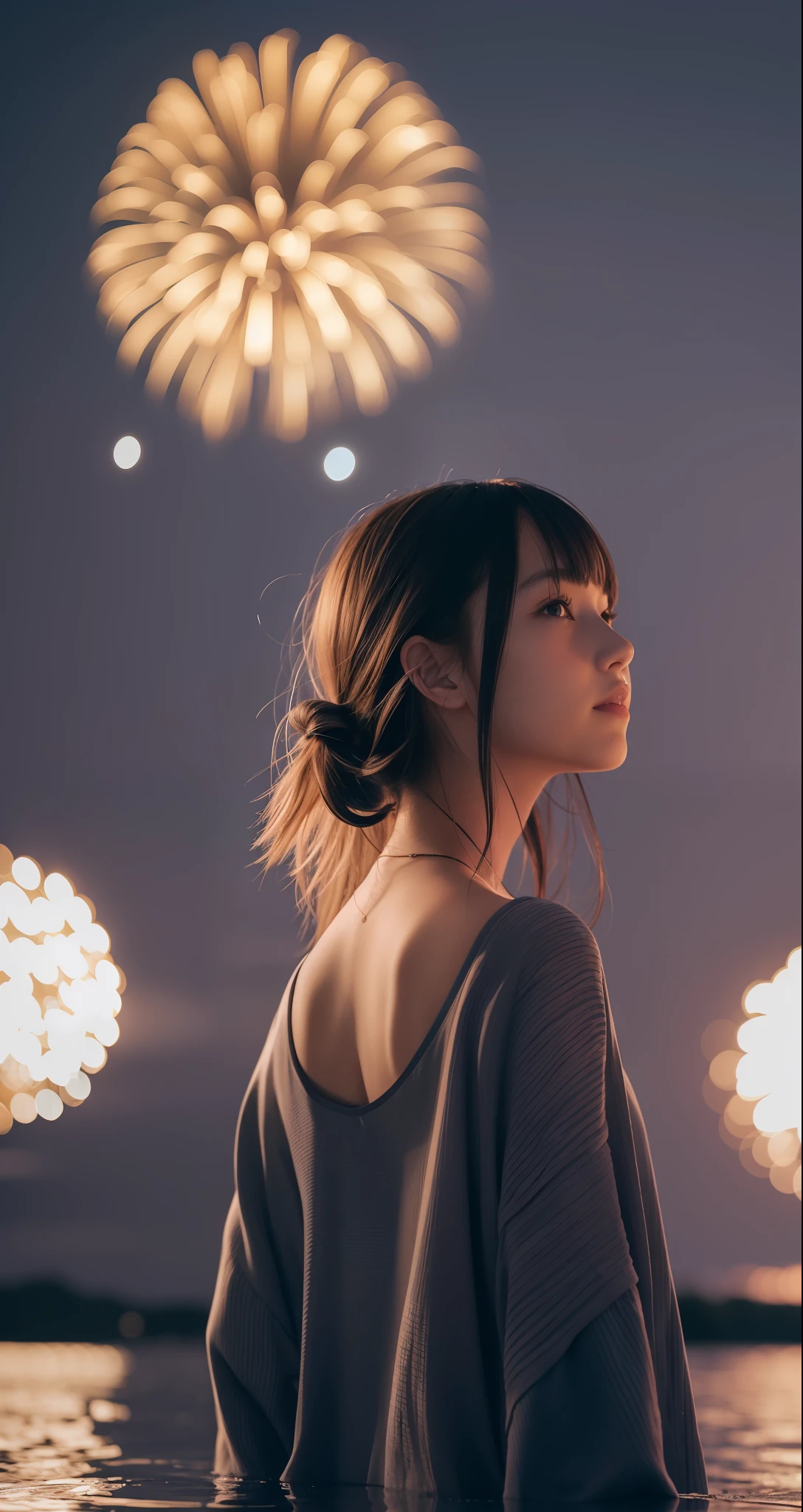 vertical view, a girl, fireworks reflected in the water