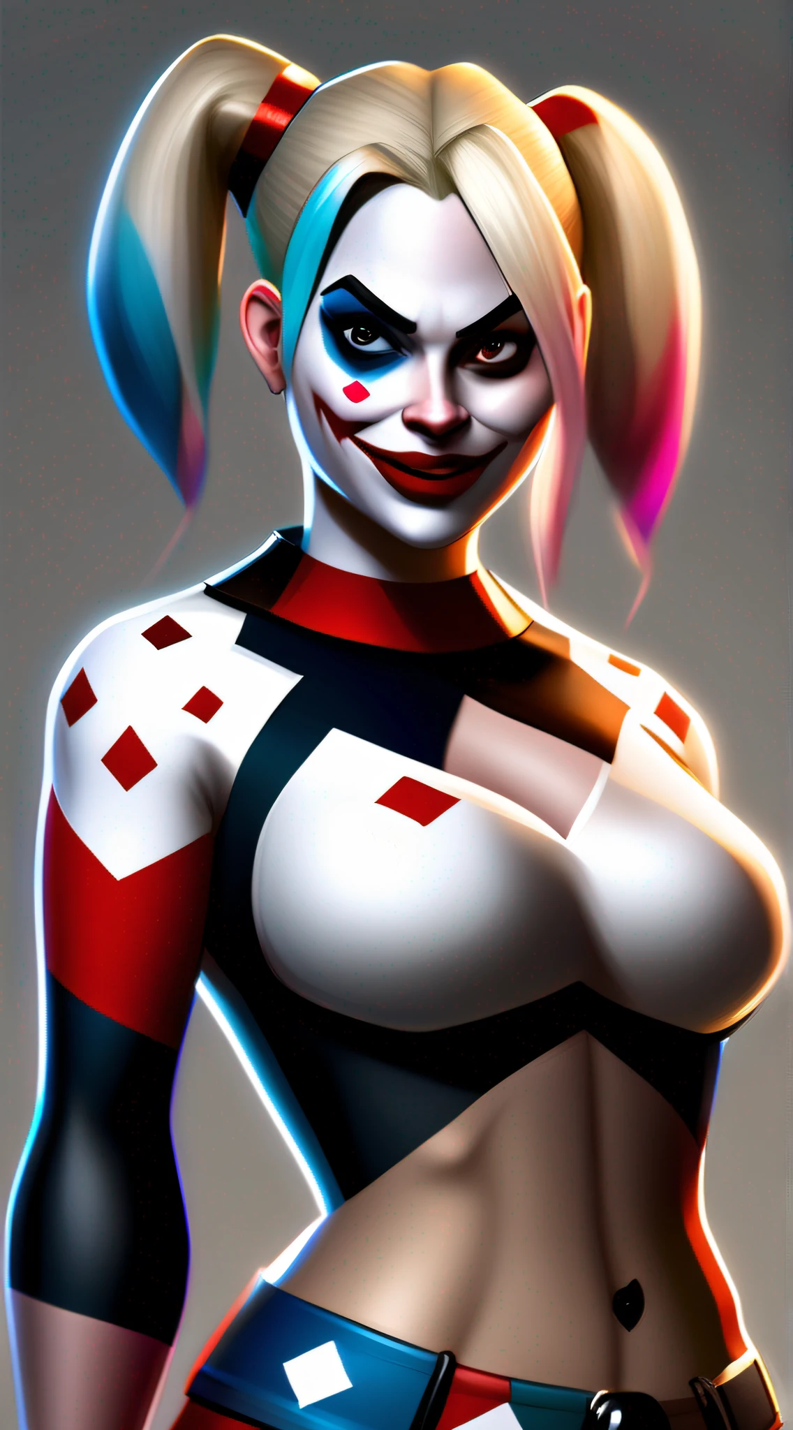 Harley Quinn from DC, big breasts, frontal, full-length, looking at the camera, facing the audience, standing pose, simple background, three-dimensional light, detailed full-body concept, sleek digital concept art, beautiful full-body concept art, art trend, CGsociety full-length,