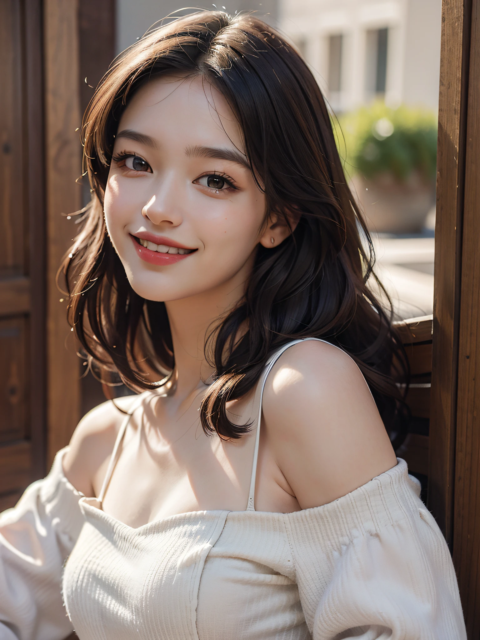 best quality, masterpiece, ultra high res, photorealistic, 1girl, offshoulder, smile