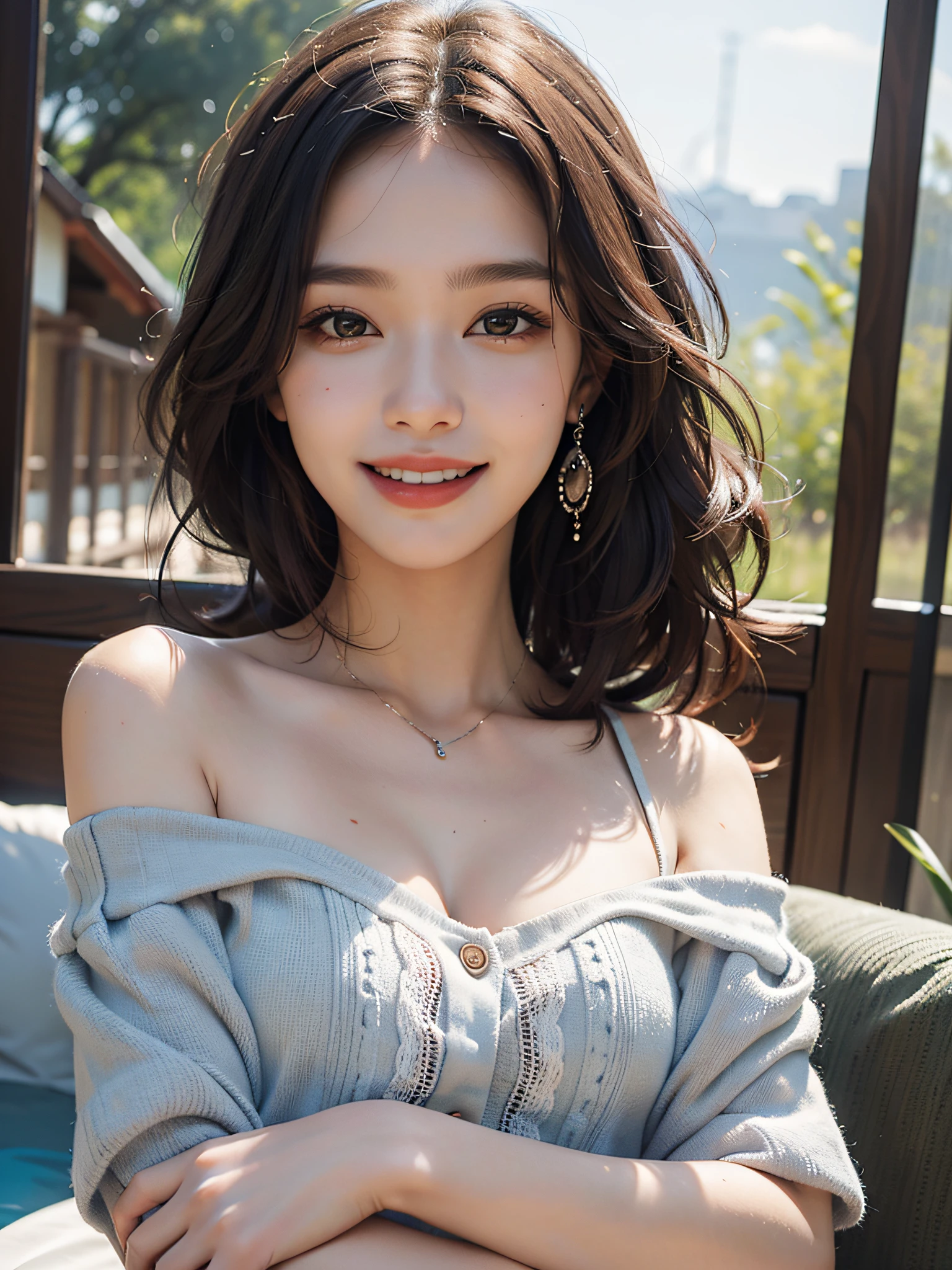 best quality, masterpiece, ultra high res, photorealistic, 1girl, offshoulder, smile