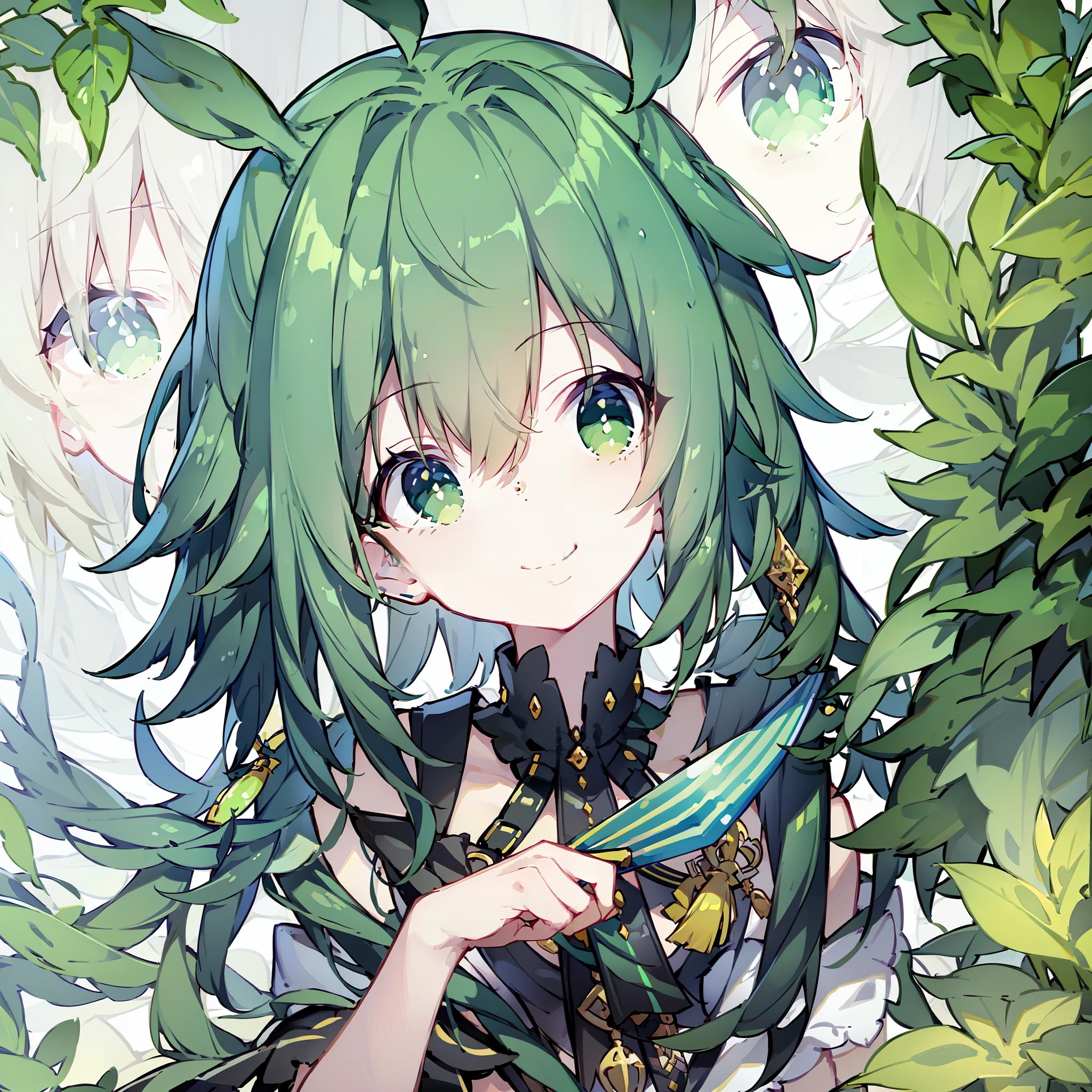 Green hair,ssmile,Fan in hand