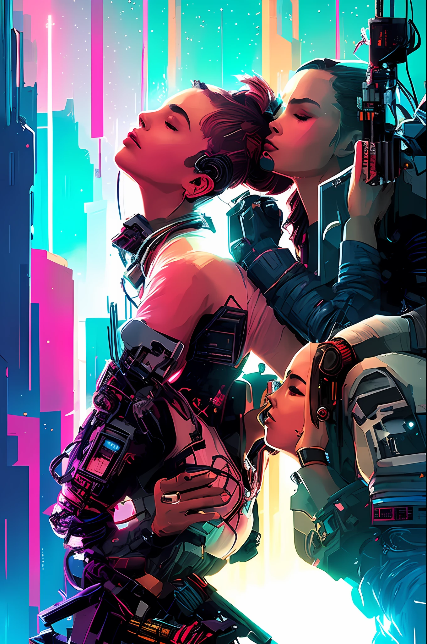 Beautiful woman kissing cyberpunk woman, snthwve style nvinkpunk, by jeremy mann, by sandra chevrier, by dave mckean and richard avedon and maciej kuciara, punk rock, tank girl, high detailed, 4k, RTX