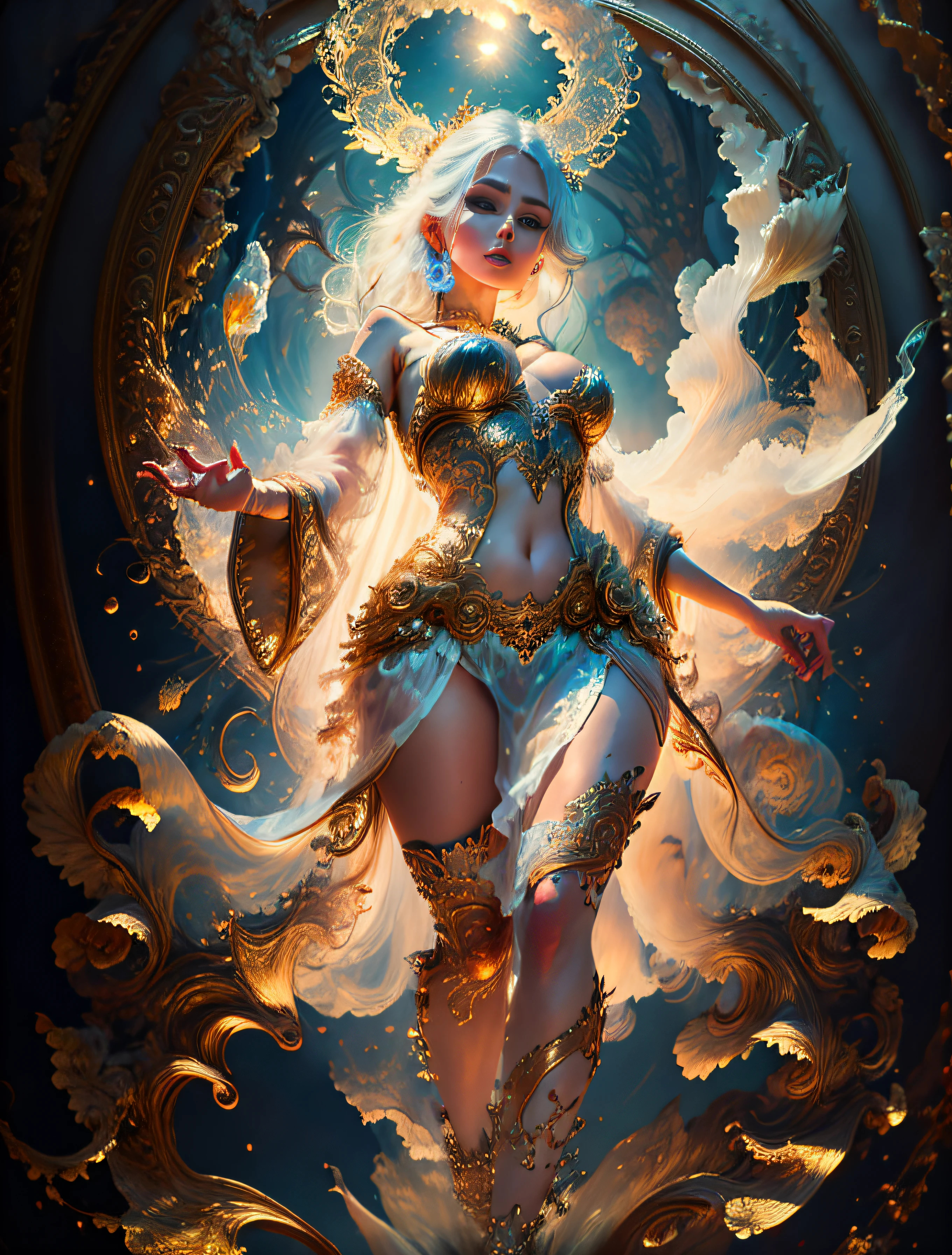 face by tom bagshaw art station, Moon Goddess, full length figure, contemptuous gaze, detailed face, 1.4), gold decoration, plain black background, beautiful Caucasian girl closeup, dynamic moving body, digital art, splash, full body, Sakimichan art, oriental mandala tattoo, fractal background, silver and gold and bronze spirit, floating antique clock, antique lamp, splash, seductive pose, visible pubic hair , visible small breasts, full body, beautiful European Caucasian girl, sexy lady beauty, bare breasts, open neckline, clothing transparent fabric, standing, realistic, highest detail, holy holy, golden eyes, heavenly palace, countless palaces, clouds, golden light, golden lotus, (tianchi bath), pubic hair view, splash, full body, Sakimichan art, slight smile, seductive pose, visible pubic hair, full body, transparent clothes, Jean-Bapti style ste monge, shiny, beautiful girl, glittering, cute adorable filigree, edge lighting, lights, surreal, fantasy, digital art, wlop, artgerm and james jean, floating antique clock, antique lamp, floating antique clock, tom bagshaw art station face, the perfect masterpiece, highest quality, the perfect artwork, 8K, upper body lens, frontal portrait, delicate face, looking at the audience, beautiful girl, magical transparent eyes, platinum hair and 3d fractals, colorful illustration, anime cartoon style, face of tom bagshaw art station, dreamy glow, golden, goddess maiden, flame, flowing female full body, close-up of beautiful caucasian girl, body in motion dynamic, fluent, 3d fractals, light particles, spiritual ink, soft, glittering, minimalistic style, 16k, intricate art masterpiece, open legs, see-through clothing, goddess maiden , 1 sexy girl in transparent forest clothes, exposed breasts, open transparent T-shirt
