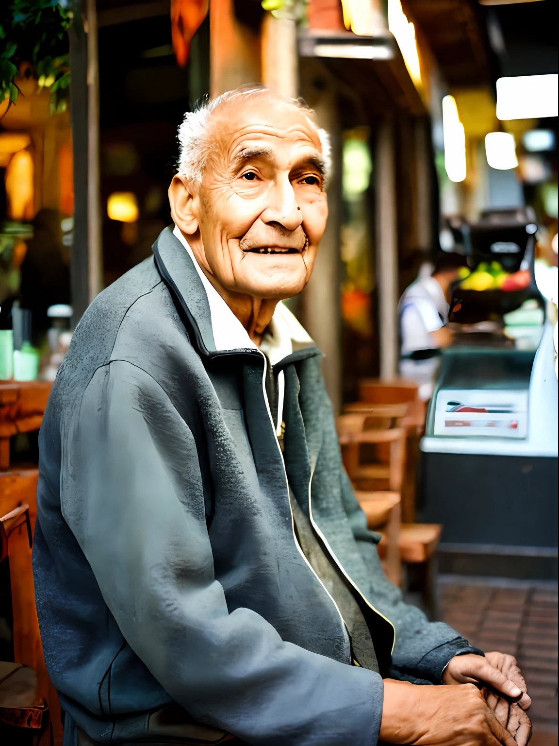 Foto RAW, A synpathic old fashionable man sitting in front of a café (pele altamente detalhada: 1.2), 8k uhd, dslr, soft-lighting, alta qualidade