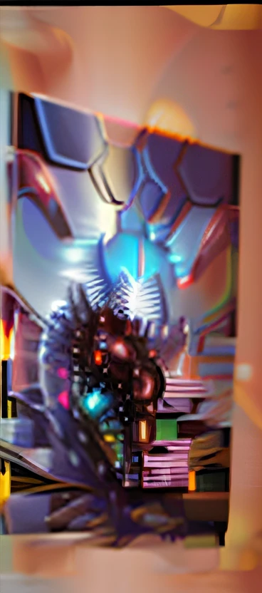 There is a picture of a robot on the wall, airbrush concept art, Arte da Biblioteca Espacial Borne, arte do cartaz promocional, painterly humanoid mecha, science fiction painting, arte conceitual moderna, pintura futurista, arte estilo fada shepard, science fantasy painting, Epic poster art, collectible card art, pintura de fantasia scifi fosca, An epic painting --auto