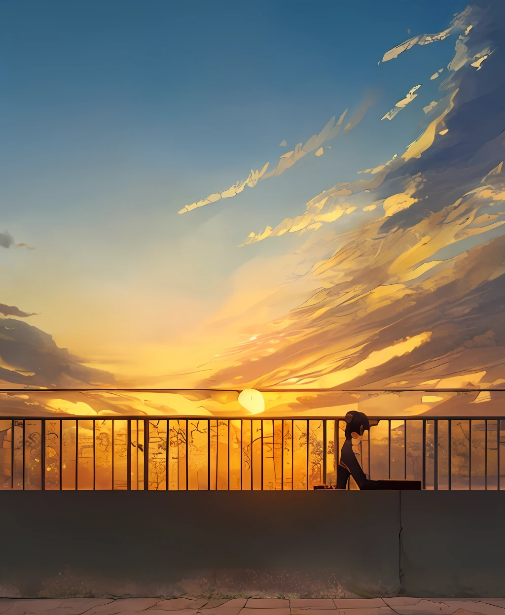 Best image quality, masterpiece level, super detailed background, anime style, outdoor scene, sunset view, beautiful sky, breeze gentle, grand atmosphere, focus aiming, close-up mode, side angle, depth of field effect, bokeh feeling, young man screening, s...