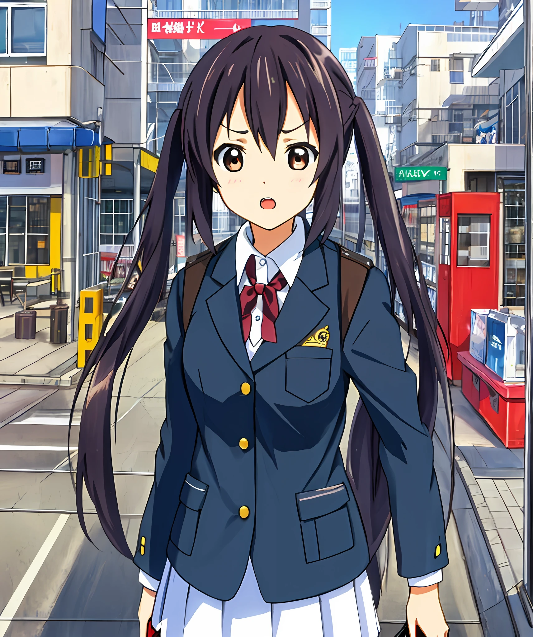 1girl in, (((​masterpiece))), top-quality, top-quality, high details, nakano azusa, 1girl in, Sakuragaoka High School Uniform,student clothes, Twin-tailed, length hair, A dark-haired, Brown-eyed, 独奏, reddish, Dark blue blazer with thin red ribbon, Solid white buttoned shirt under blazer, illustratio, comic strip, Soothing tones, Subdued Color, Soft cinematic light, adobe lightroom, Photolab, nffsw, intricately and hyper-detailed、(((depth of fields))))。(((​masterpiece)))。(((top-quality))).)((ultra-detailliert)))。(((illustratio)))。(((takeout))).Dynamic Focus.Small breasts.(((Skyscrapers))).(((A city scape))).(((Face of sadness))). Open mouth.(((up chest))).