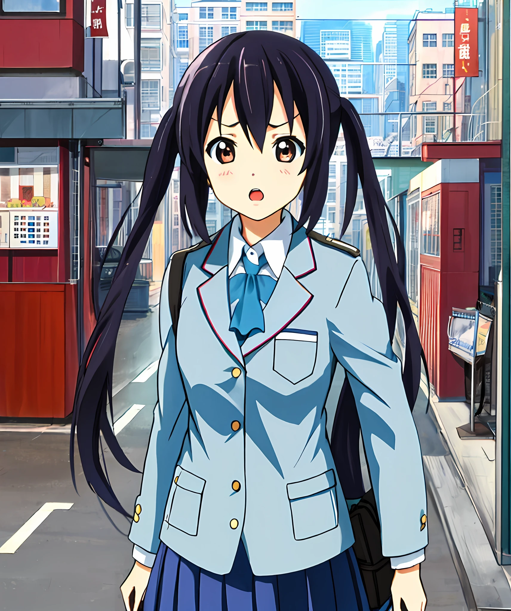 1girl in, (((masterpiece))), top-quality, top-quality, high details, nakano azusa, 1girl in, Sakuragaoka High School Uniform,student clothes, Twin-tailed, length hair, A dark-haired, Brown-eyed, 独奏, reddish, Dark blue blazer with thin red ribbon, Solid white buttoned shirt under blazer, illustratio, comic strip, Soothing tones, Subdued Color, Soft cinematic light, adobe lightroom, Photolab, nffsw, intricately and hyper-detailed、(((depth of fields))))。(((masterpiece)))。(((top-quality))).)((ultra-detailliert)))。(((illustratio)))。(((takeout))).Dynamic Focus.Small breasts.(((Skyscrapers))).(((A city scape))).(((Face of sadness))). Open mouth.(((up chest))).