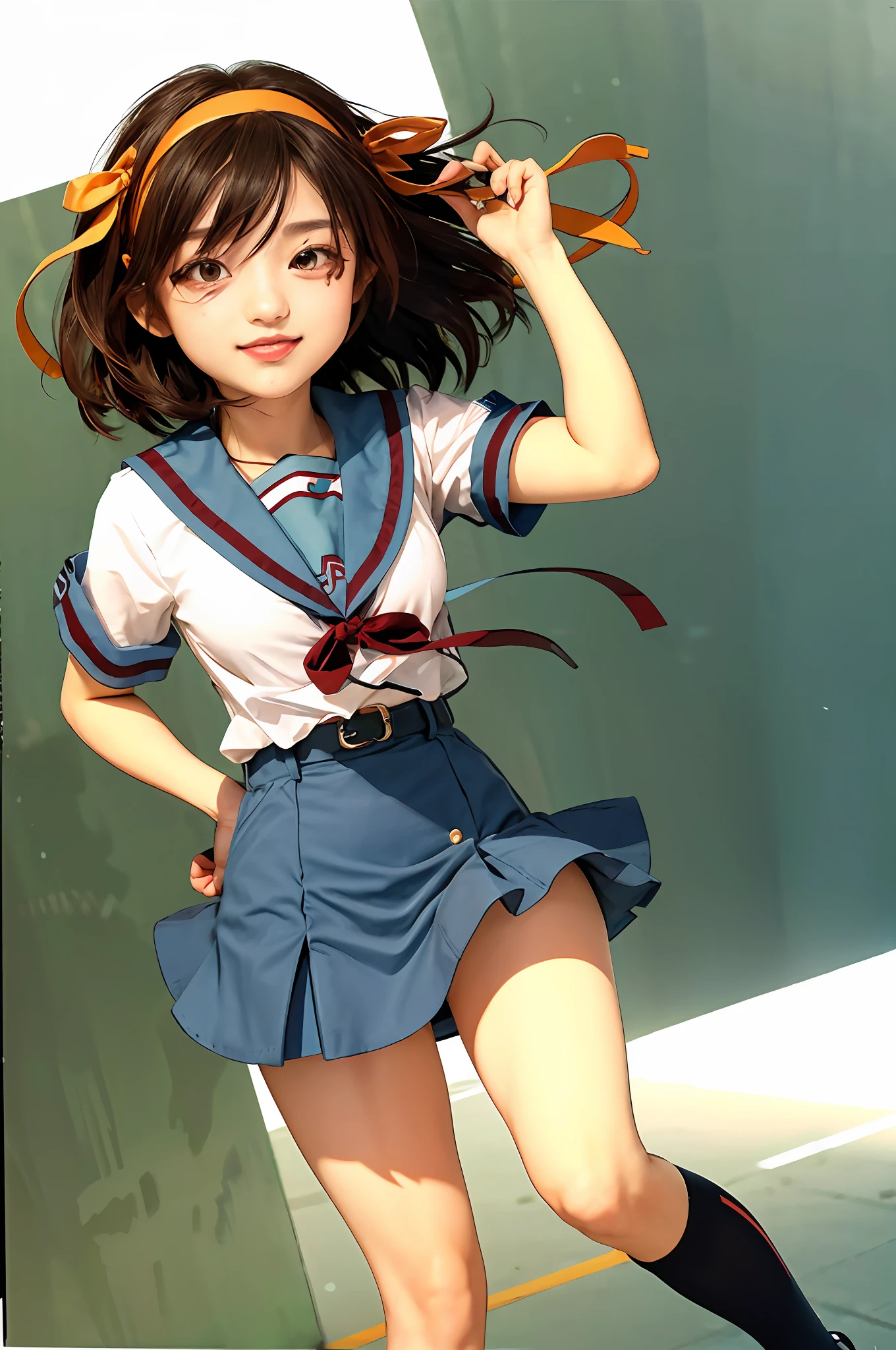 masterpiece, best quality, highres, 1girl, suzumiya haruhi, solo, kita high school uniform, blue sailor collar, sailor collar, blue skirt, brown hair, short hair, brown eyes, armband, hairband, medium hair, ribbon, socks, medium breasts, cowboy shot,